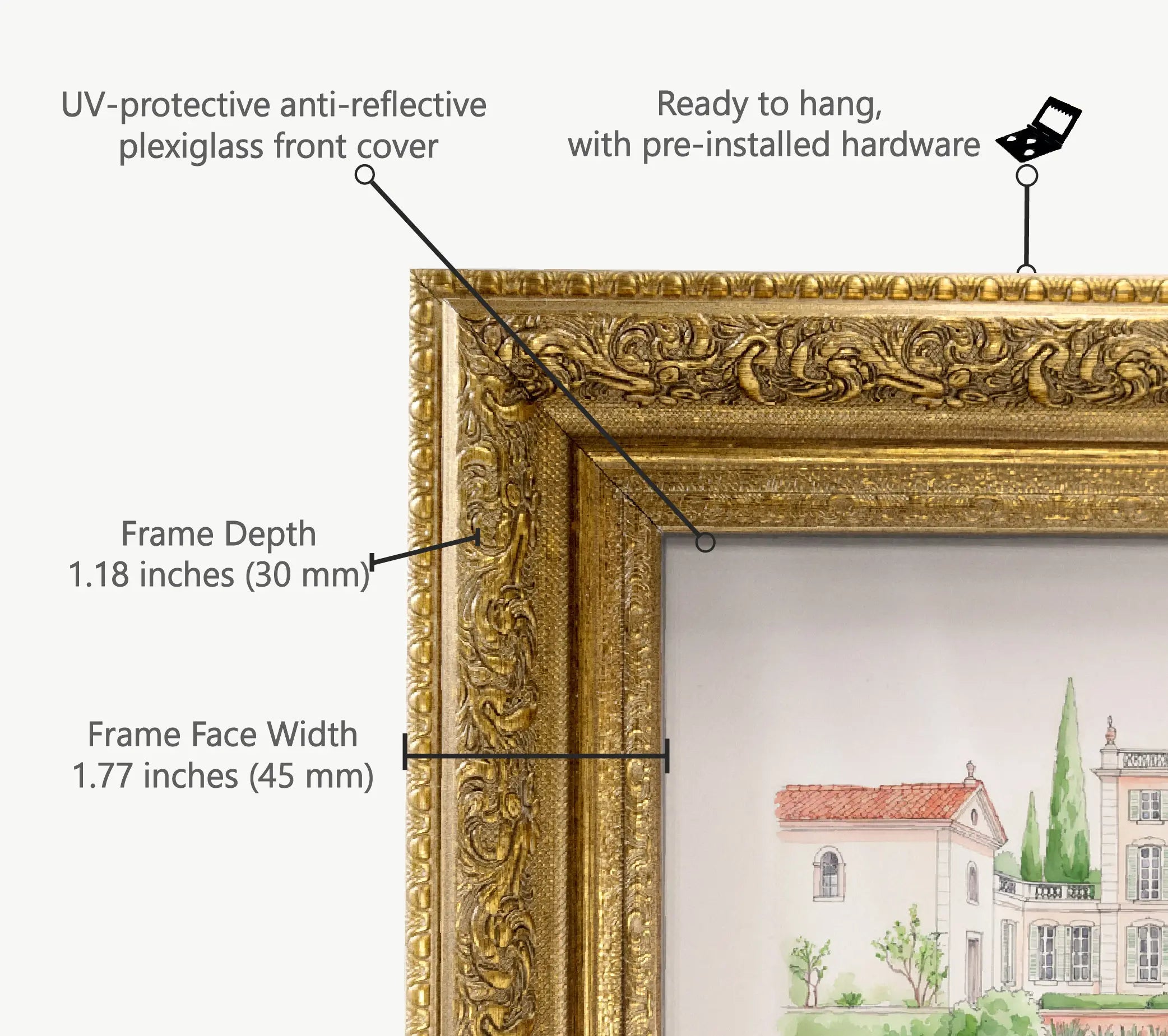 Ornate gold frame dimensions diagram showing frame depth width anti reflective plexiglass and ready to hang hardware