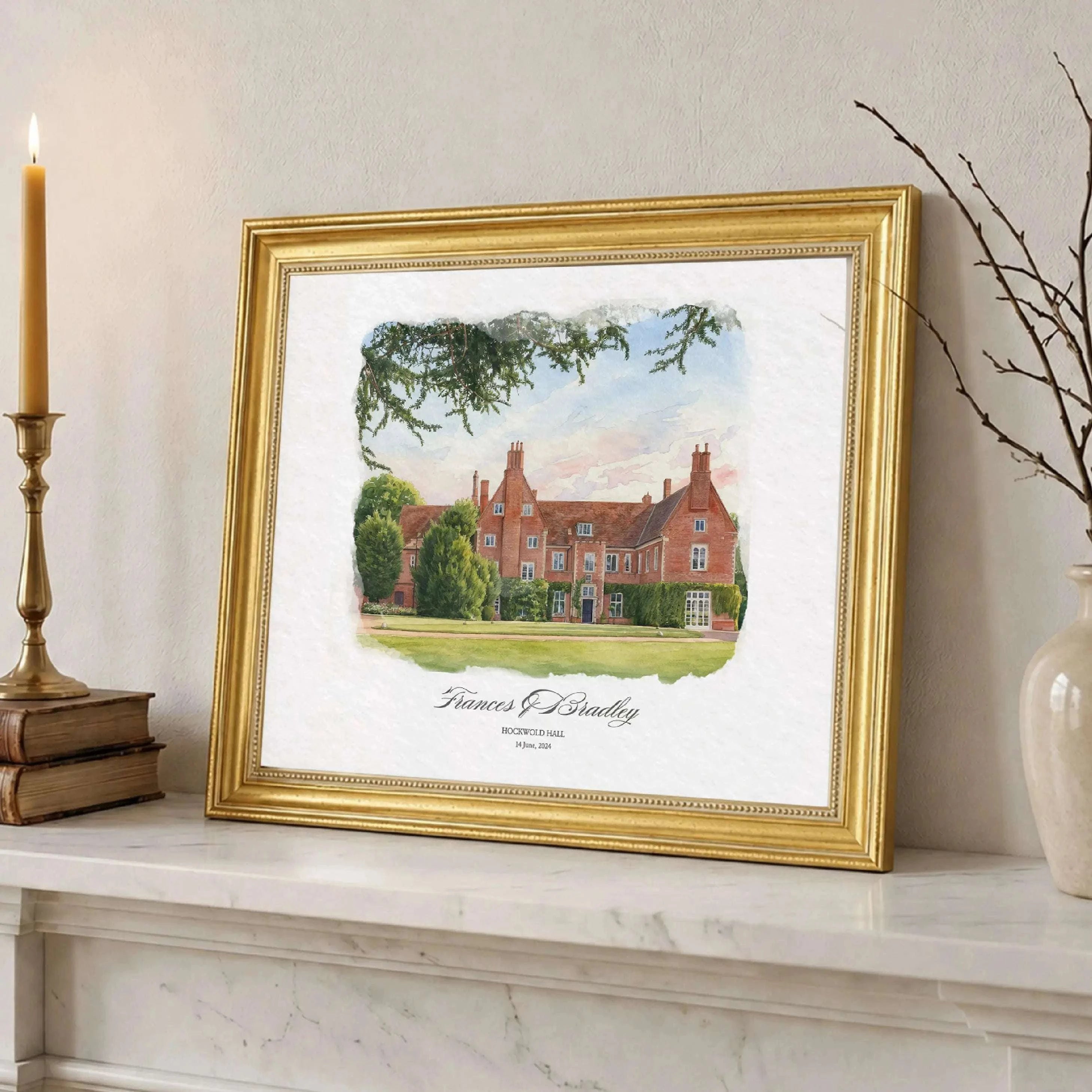 Personalized artwork of Hockwold Hall wedding venue with bride and groom