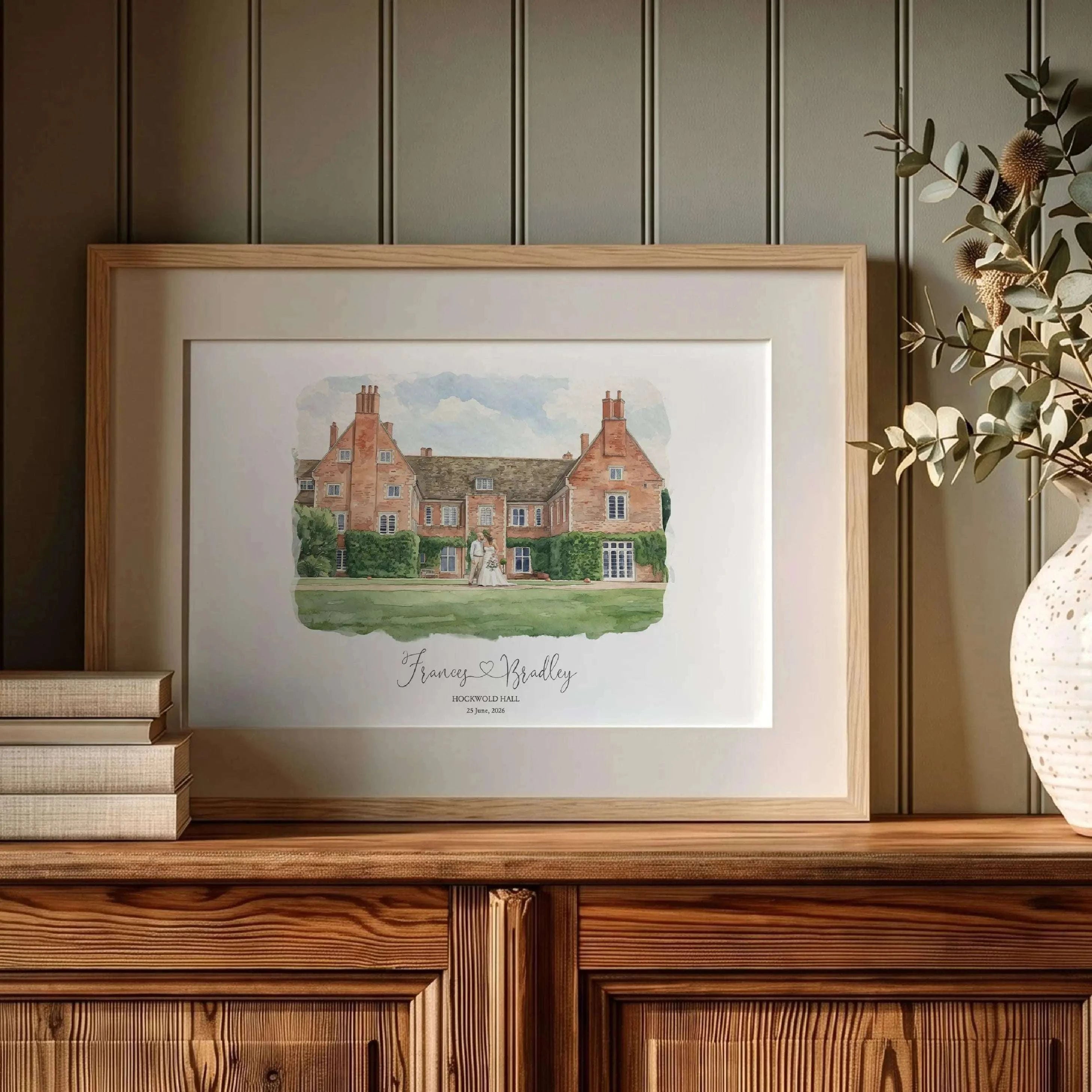 Custom Hockwold Hall wedding keepsake portrait featuring venue and wedding details