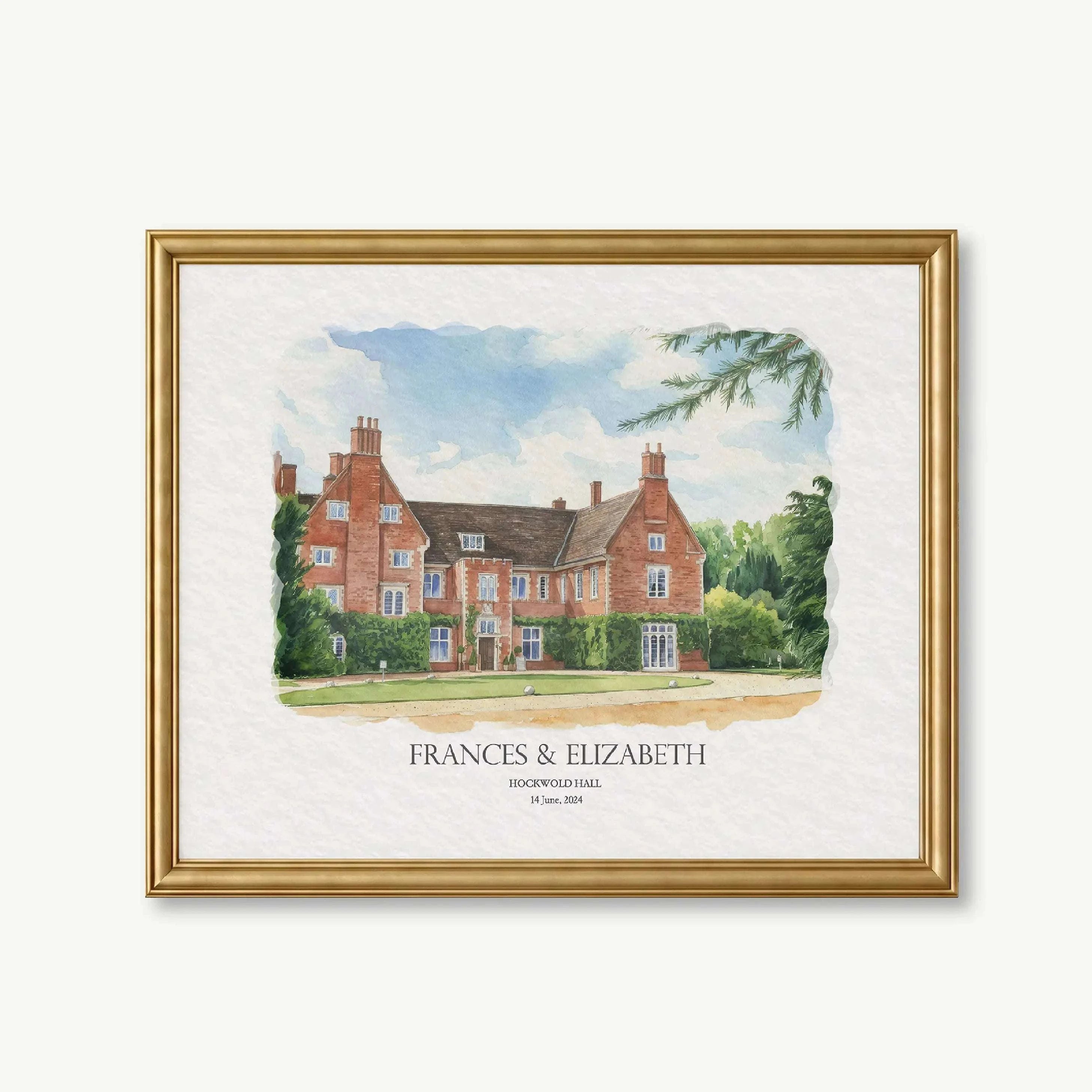 Hockwold Hall wedding venue portrait personalized with couple names and wedding date