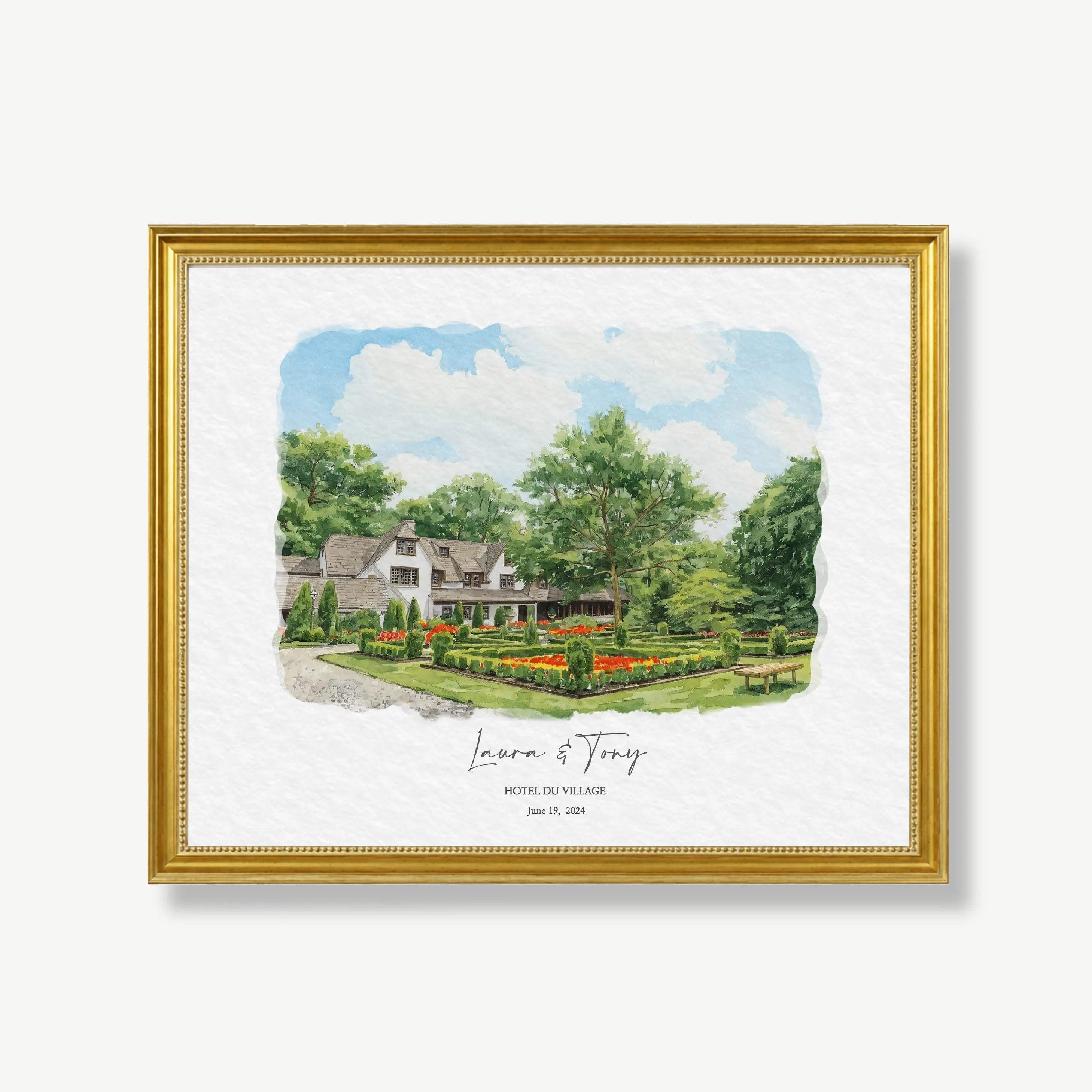 Personalized Hotel du Village New Hope Pennsylvania watercolor anniversary gift in gold beaded frame with couple names and wedding date