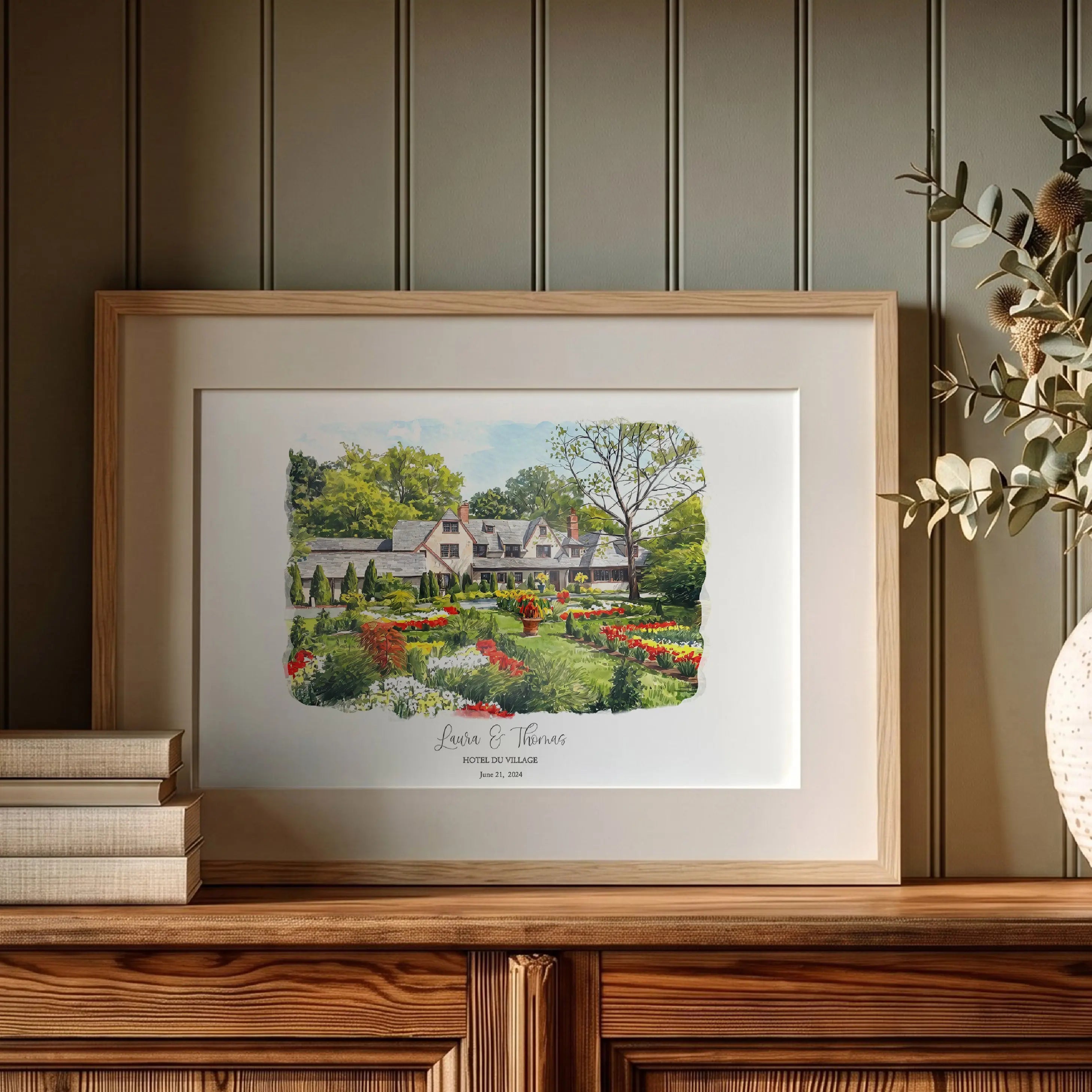 Hotel du Village personalized watercolor anniversary gift in modern wood frame New Hope Pennsylvania