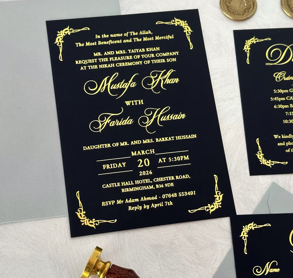 Islamic wedding card on acrylic, a personalized nikah invitation with foil lettering