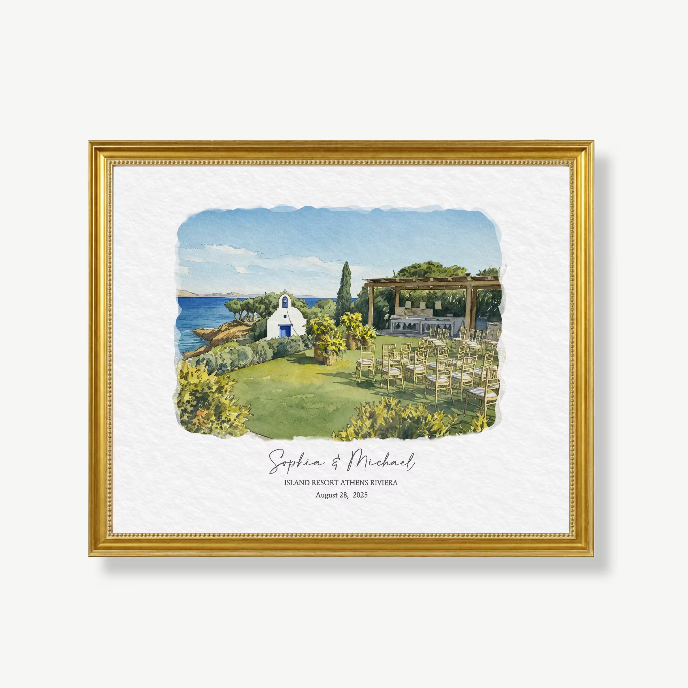 Custom watercolor portrait of the white seaside chapel at Island Resort Athens Riviera, blue door and bell above a turquoise bay, created as a wedding venue anniversary gift
