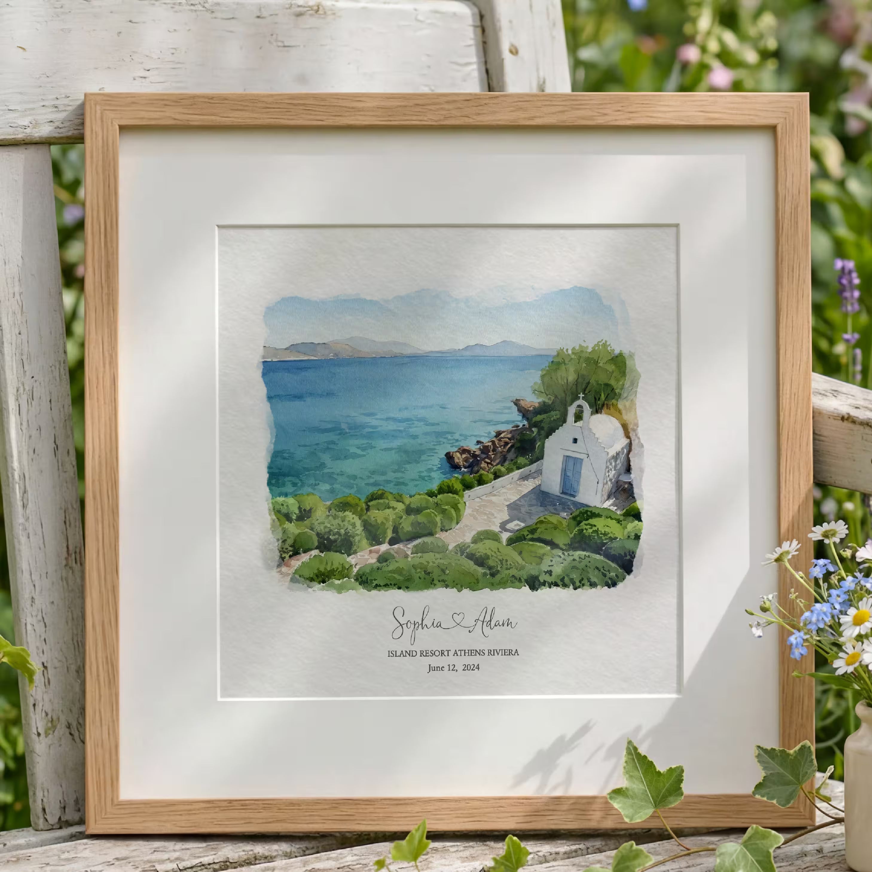Personalised Island Resort Athens Riviera wedding venue portrait with the couple names Sophia and Adam and their wedding date shown beneath the illustration