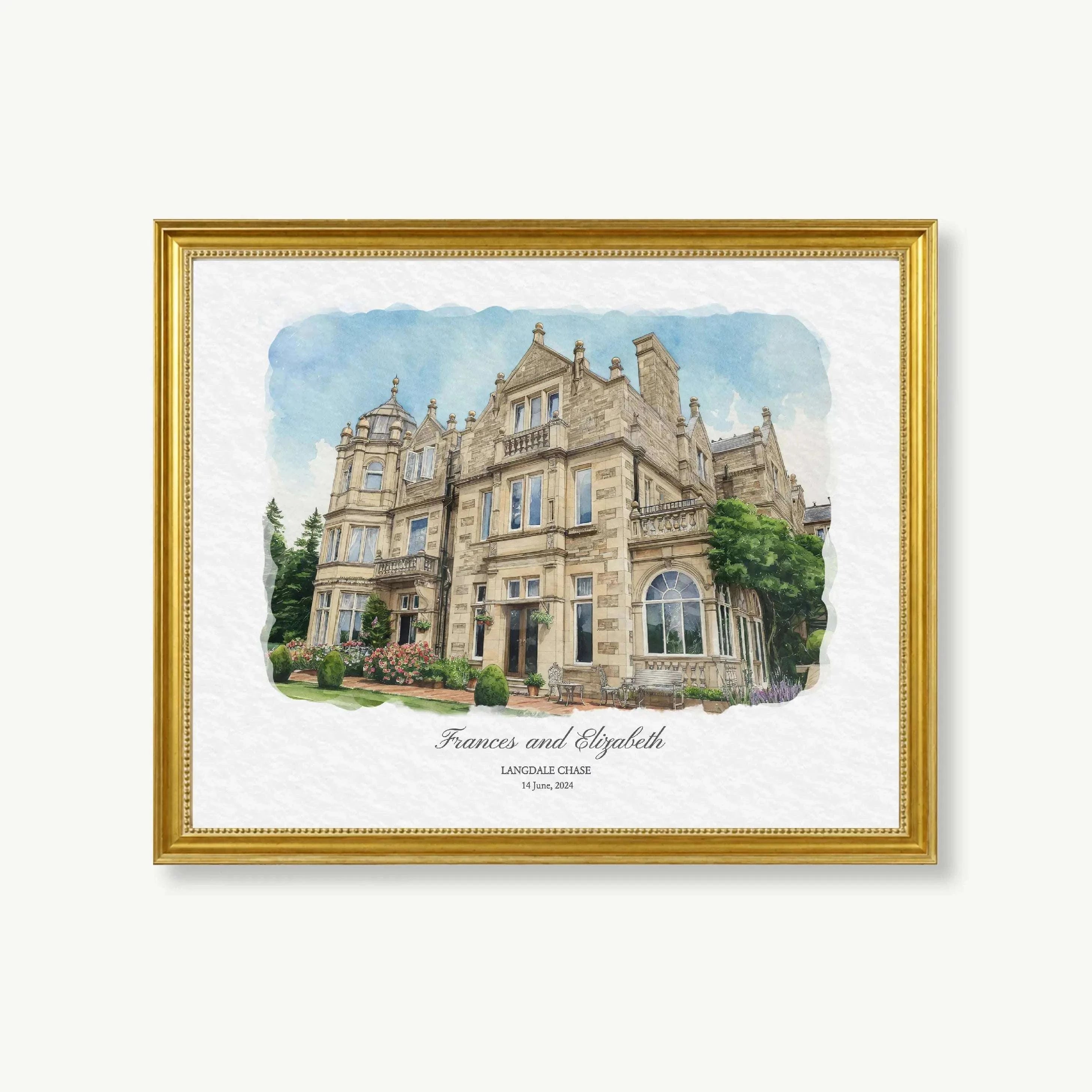 Custom Langdale Chase venue portrait with couple names and wedding date