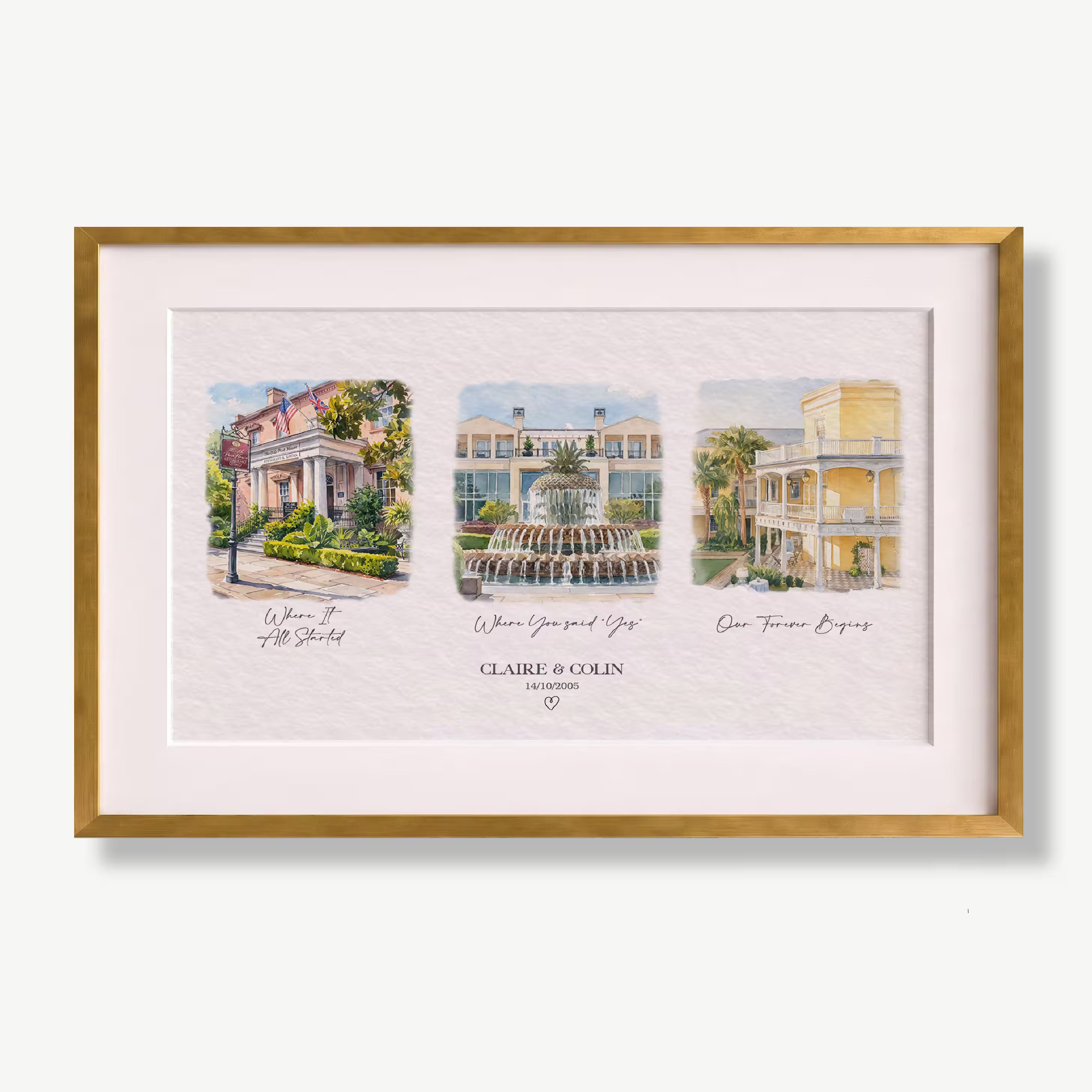 Personalized love story watercolor print in a gold frame, three coastal scenes including a historic tavern, a seaside cliff walk, and a wedding mansion, created from your photos with the couple names and date, a meaningful anniversary gift for couples