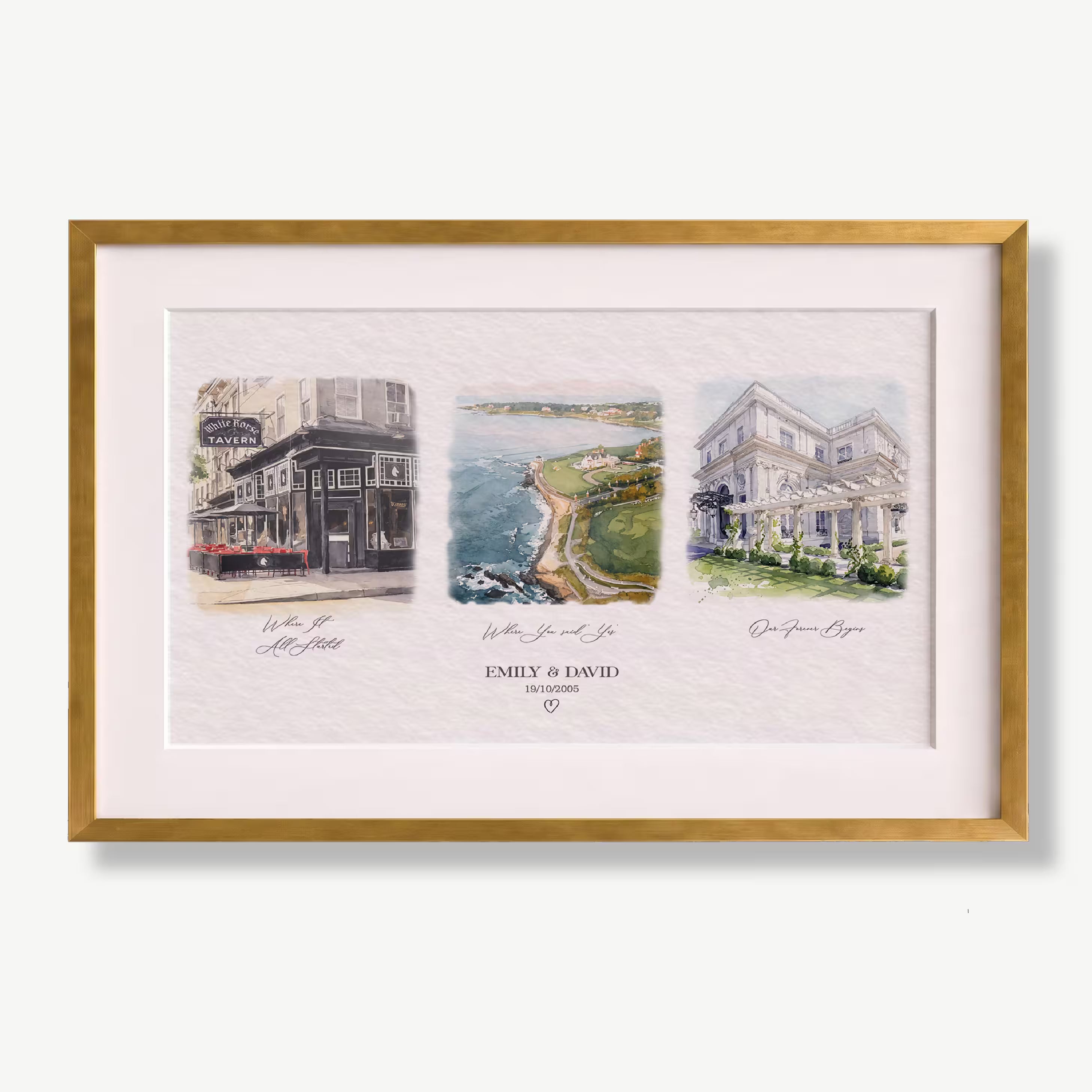 Personalized love story watercolor print in a gold frame, three horizontal scenes titled Where It All Started, Where You Said Yes, and Our Forever Begins, created from your photos with the couple names and date, an anniversary gift for couples
