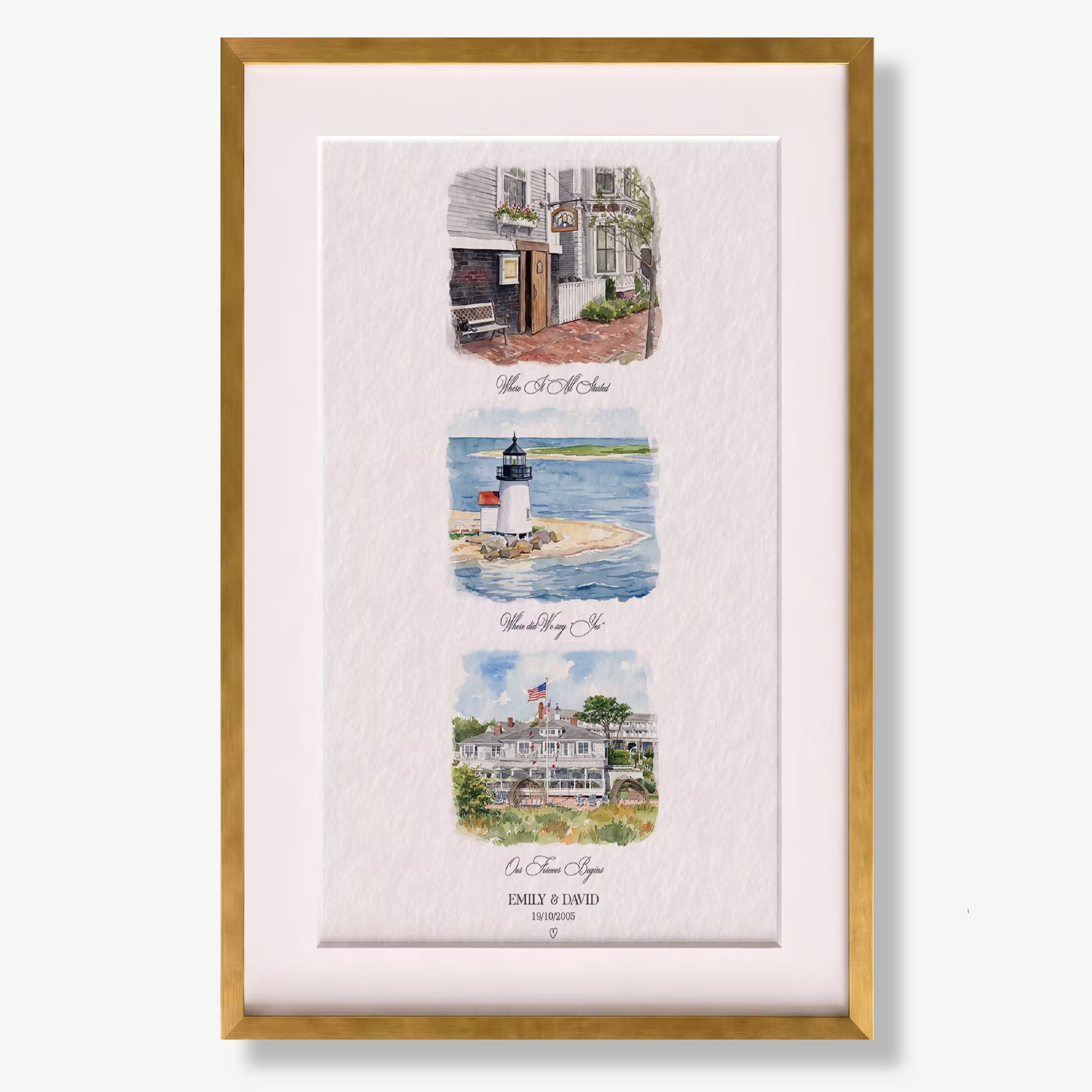 Personalized love story watercolor print in a tall gold frame, three stacked scenes including a shingle house, a coastal lighthouse, and a seaside inn, created from your photos with the couple names and date, an anniversary gift for couples