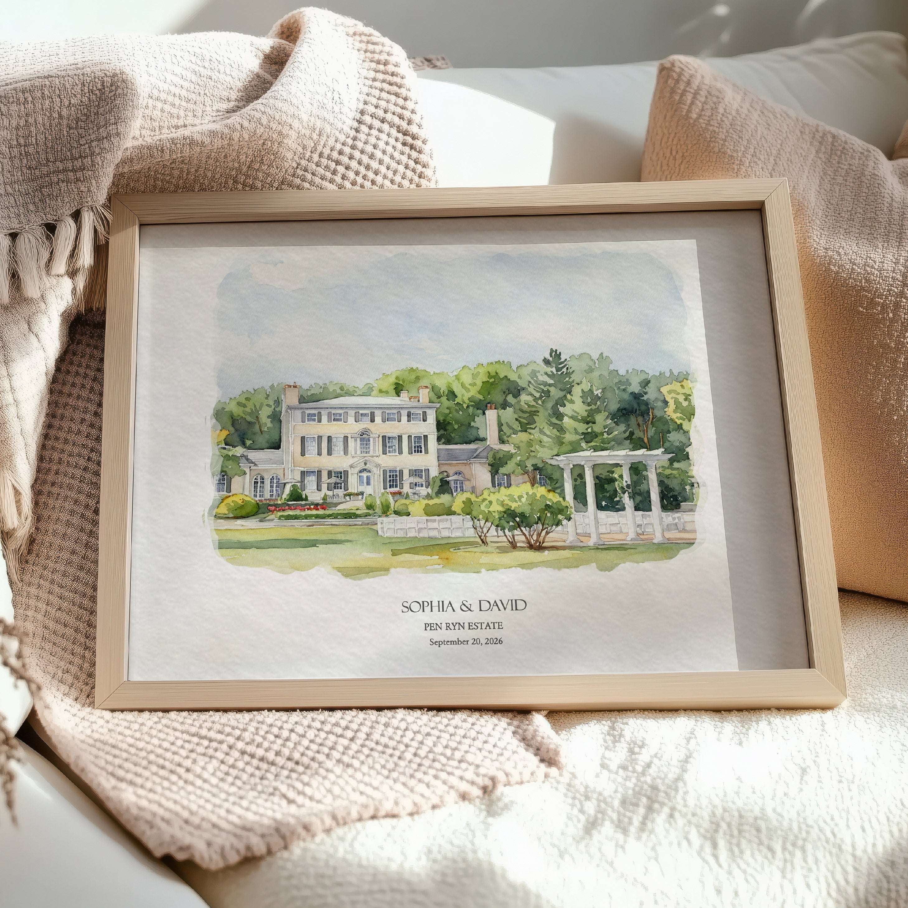 Luxury watercolor venue portrait of Pen Ryn Estate designed as a meaningful anniversary gift and personalized wedding keepsake.