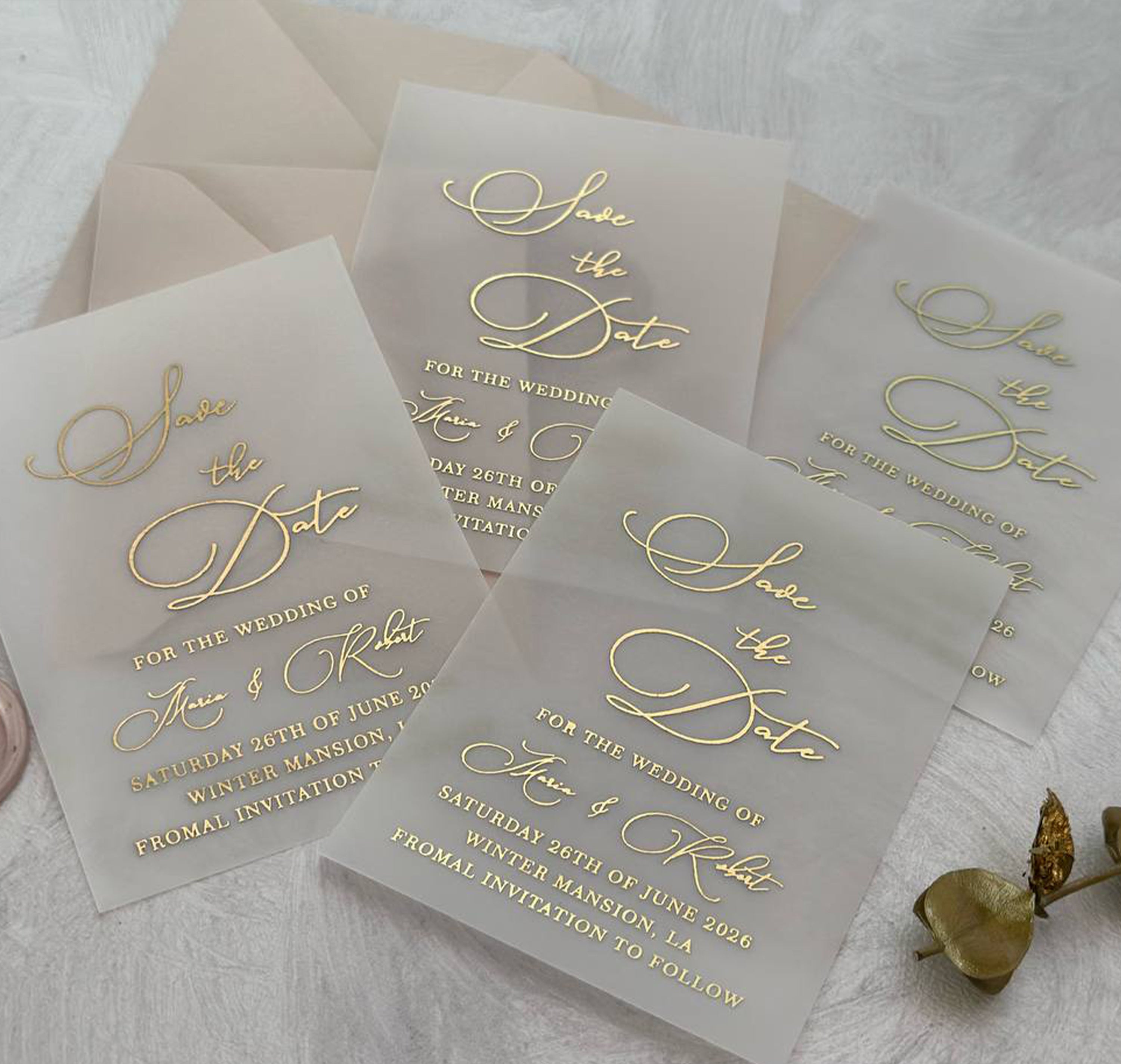 Mini Save the Date with names and wedding date in foil lettering