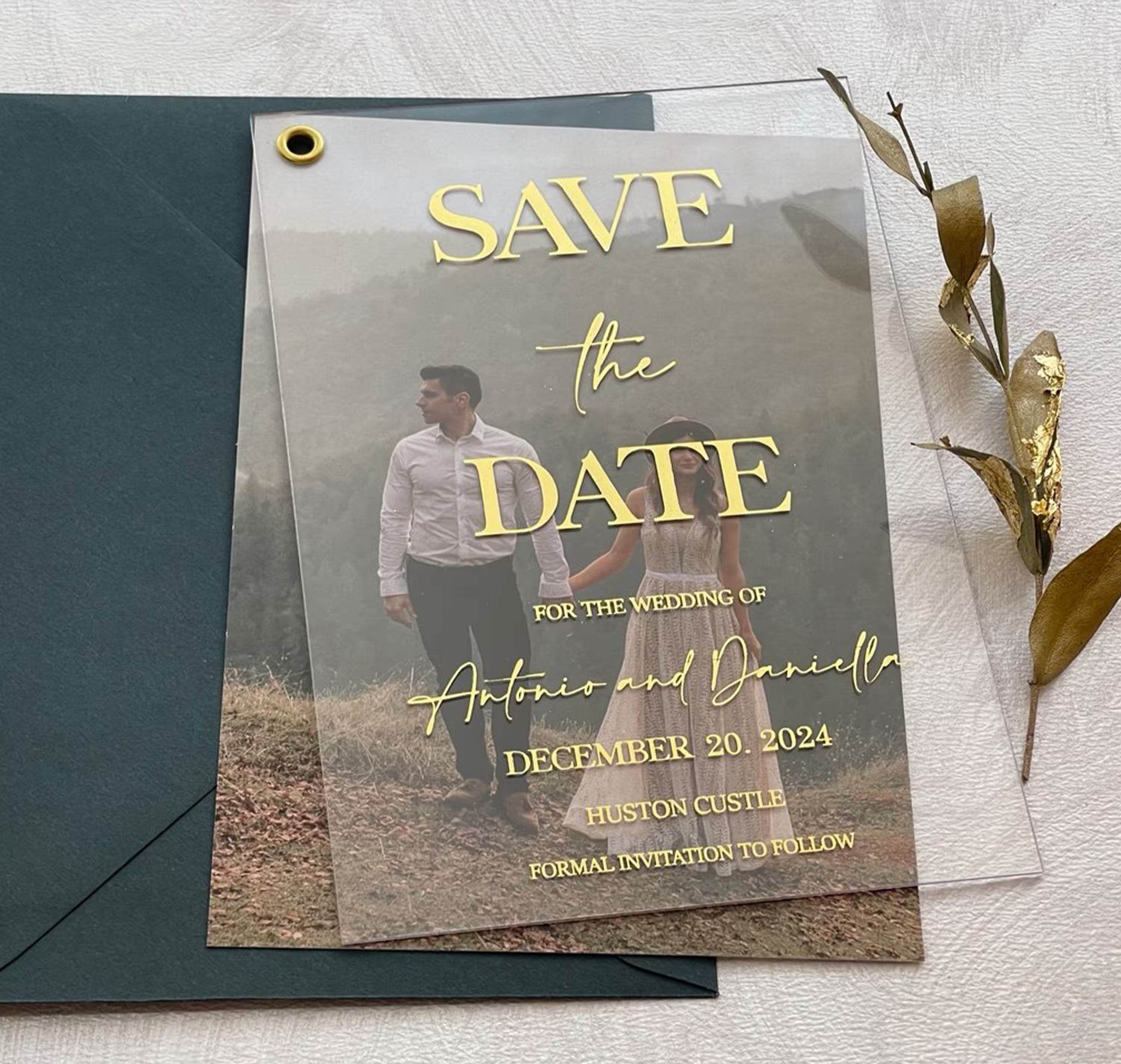 Modern acrylic Save the Date with couple photo and foil lettering