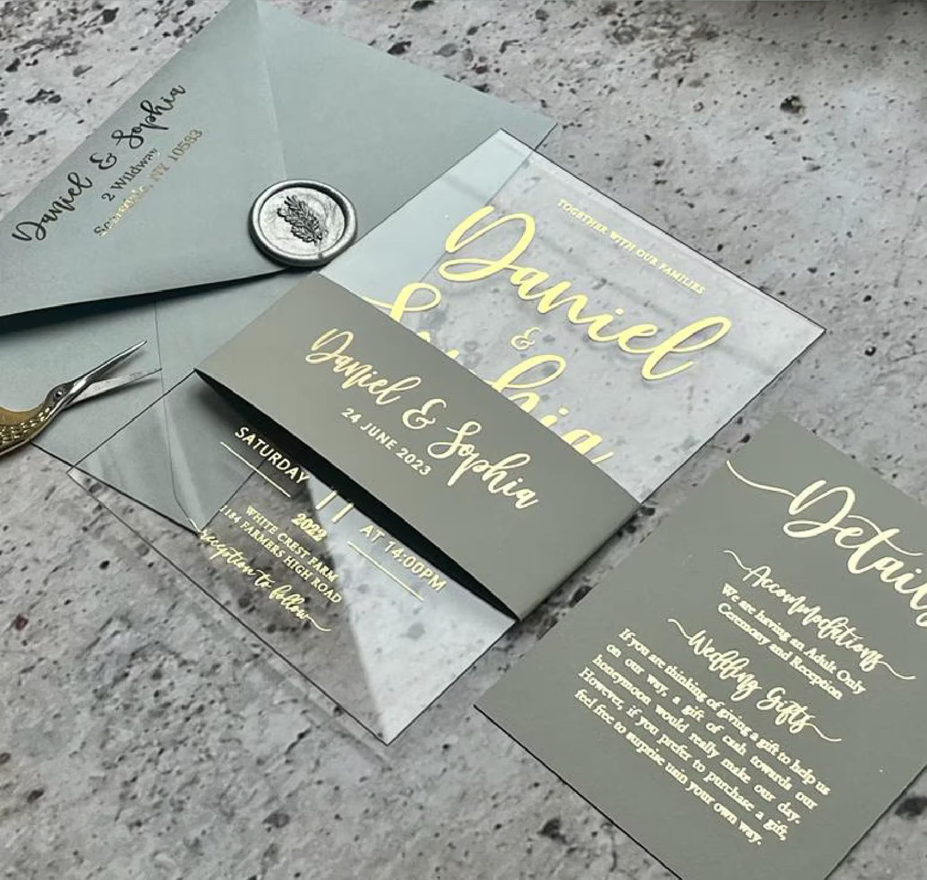 Modern acrylic wedding stationery with personalized foil and printed envelope