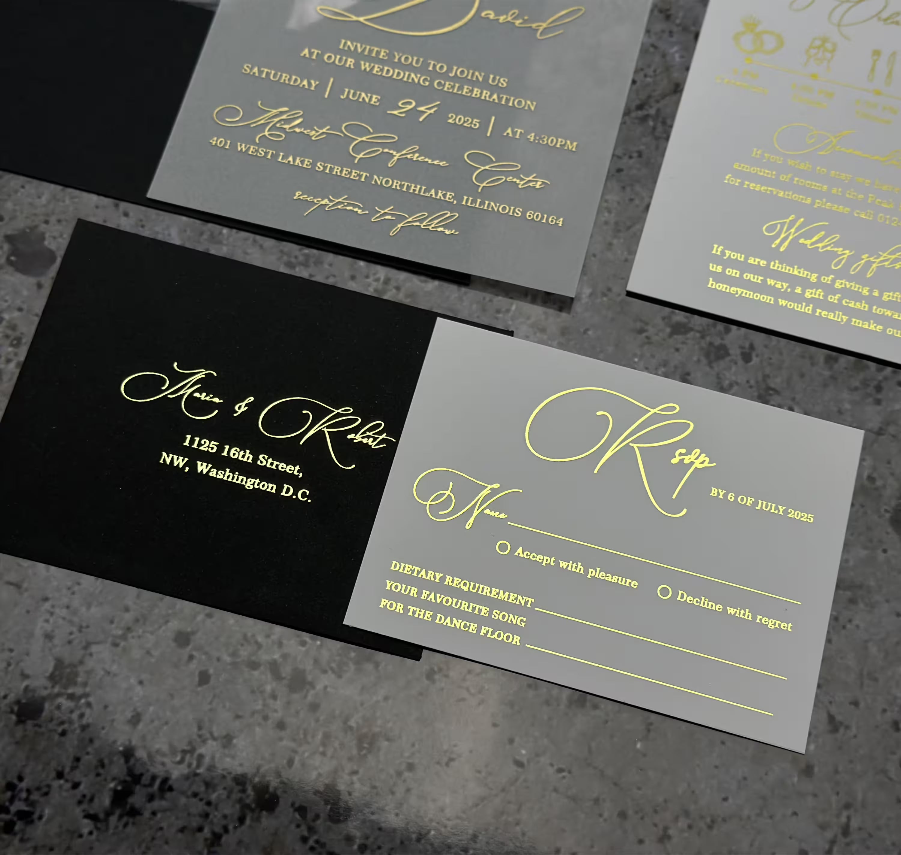 Personalized vellum wedding invitation with photo, custom insert and refined gold foil details