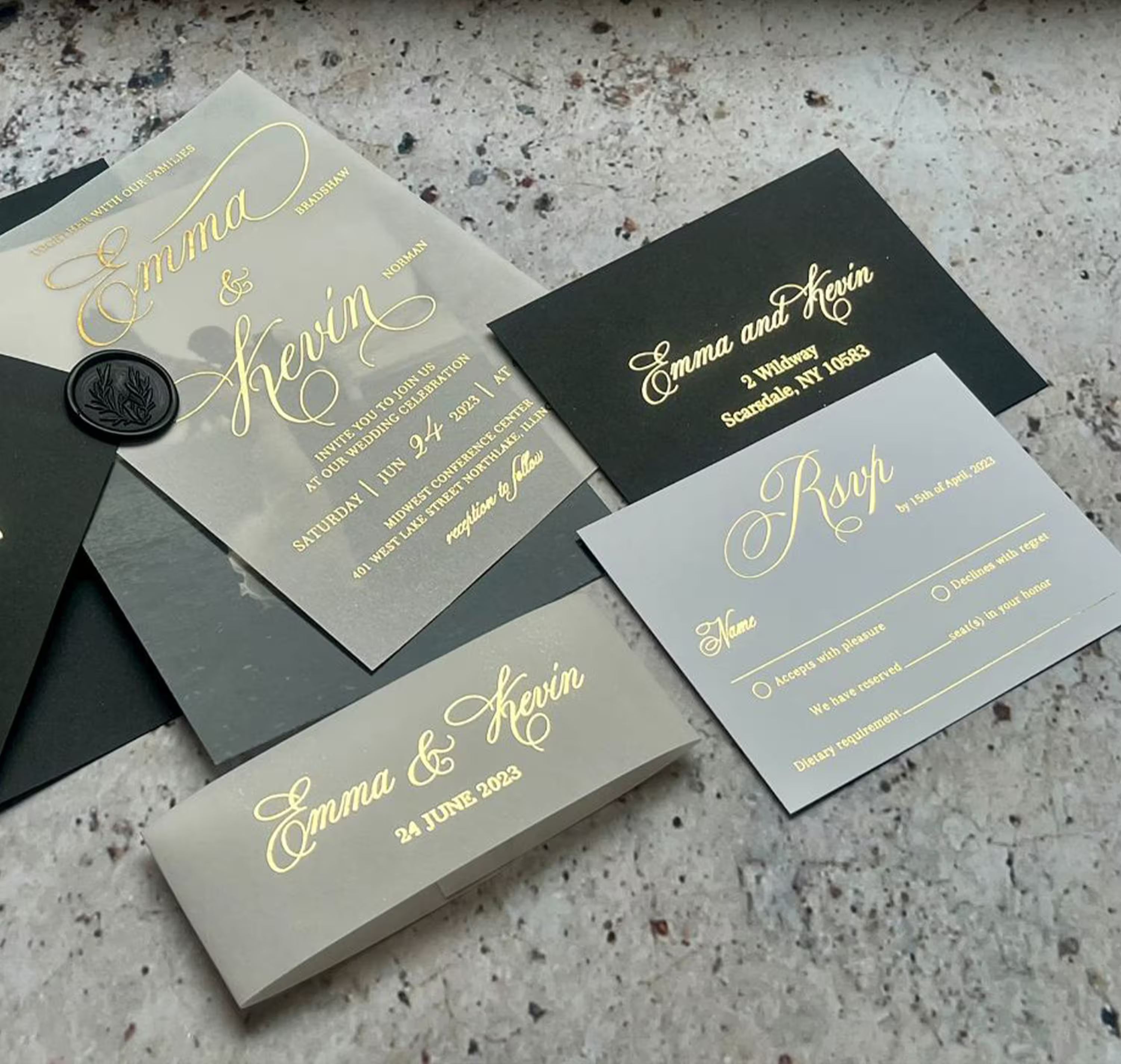 Modern vellum wedding invitation with photo, custom foil color and personalized cardstock