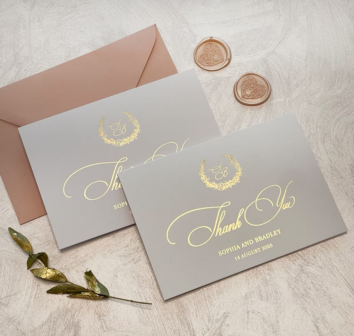 Monogram thank you cards with elegant foil lettering for a wedding