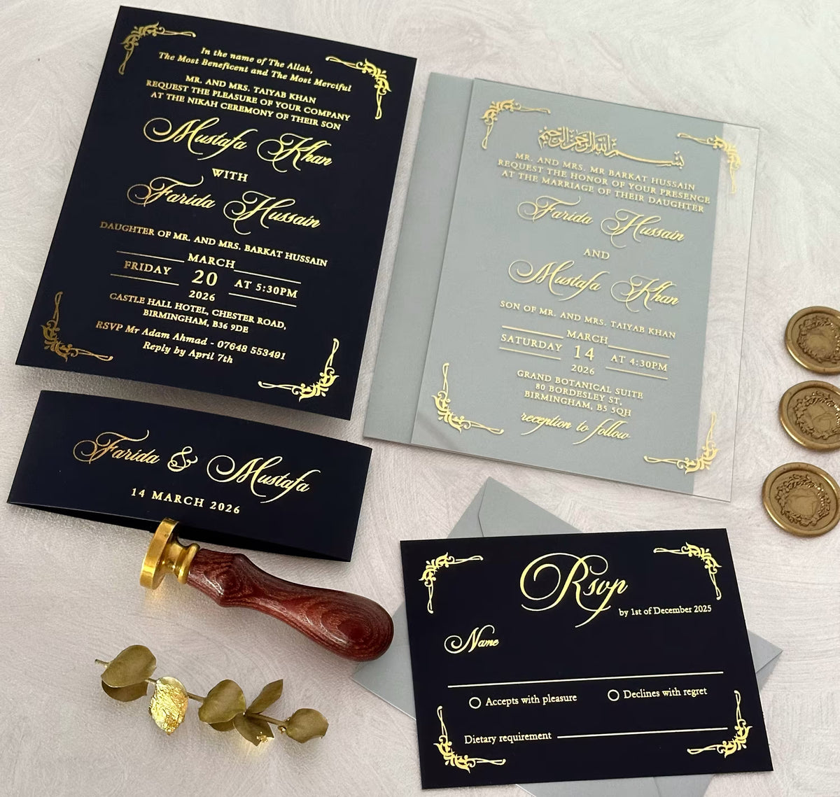 Personalized Muslim wedding invitation on clear acrylic with foil names, date and venue