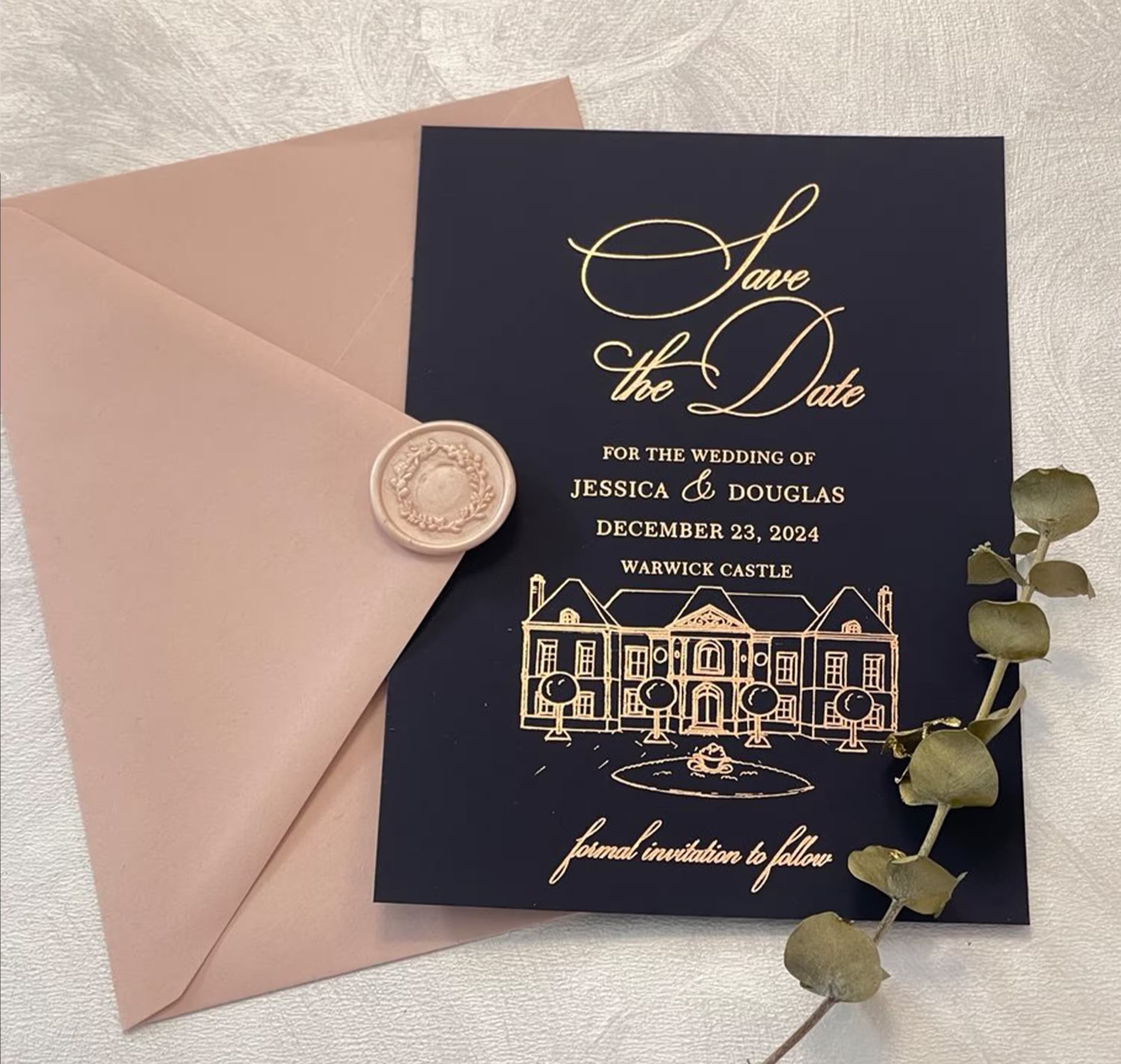 Navy blue Save the Date card with custom wedding venue illustration and foil lettering