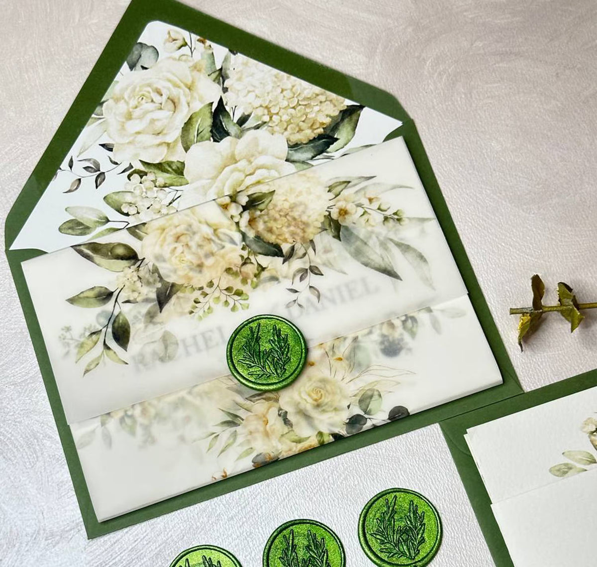 Concertina wedding invitations all in one suite with RSVP panel and floral details