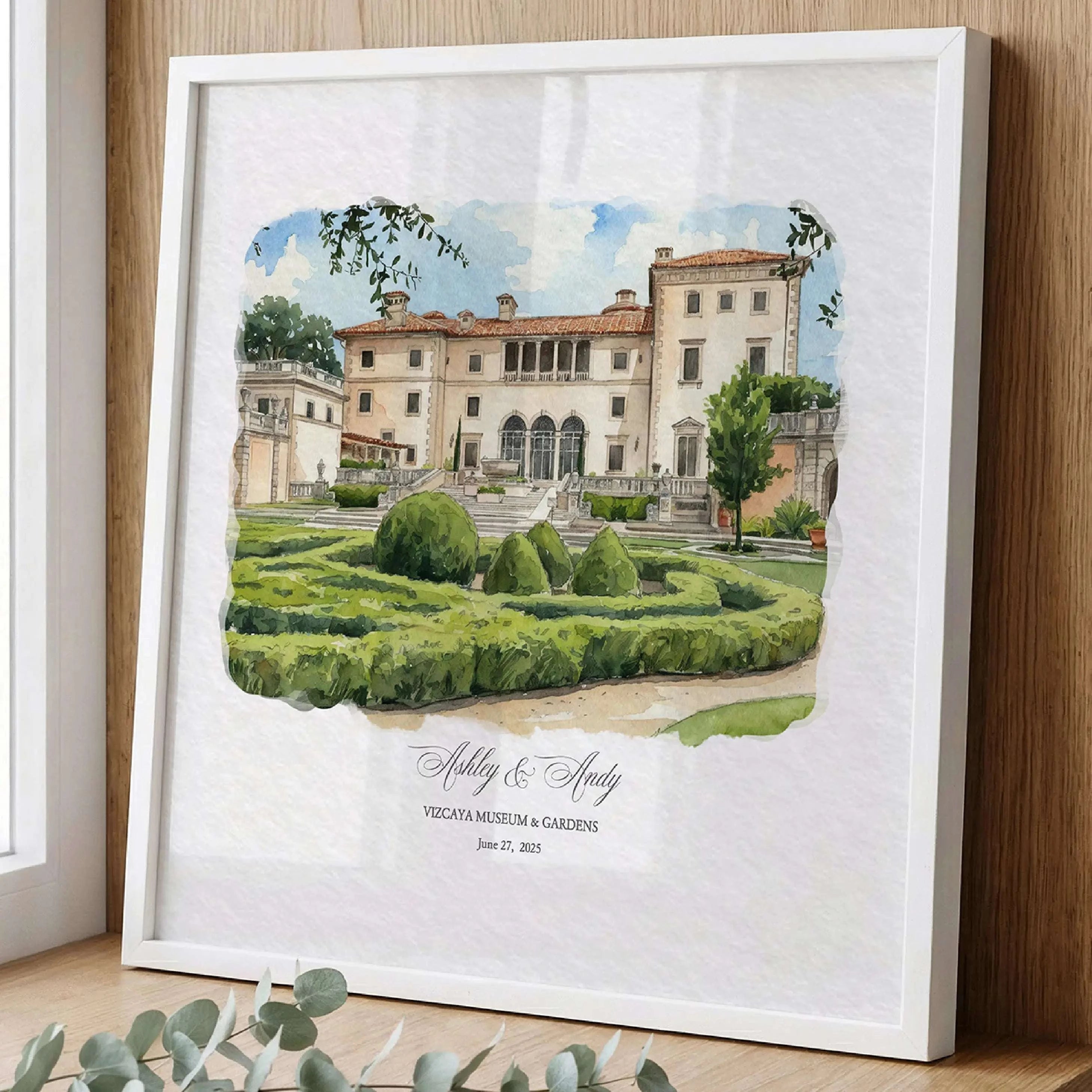 Personalized Vizcaya Museum & Gardens wedding venue portrait, unique one year anniversary gift created from a special wedding location
