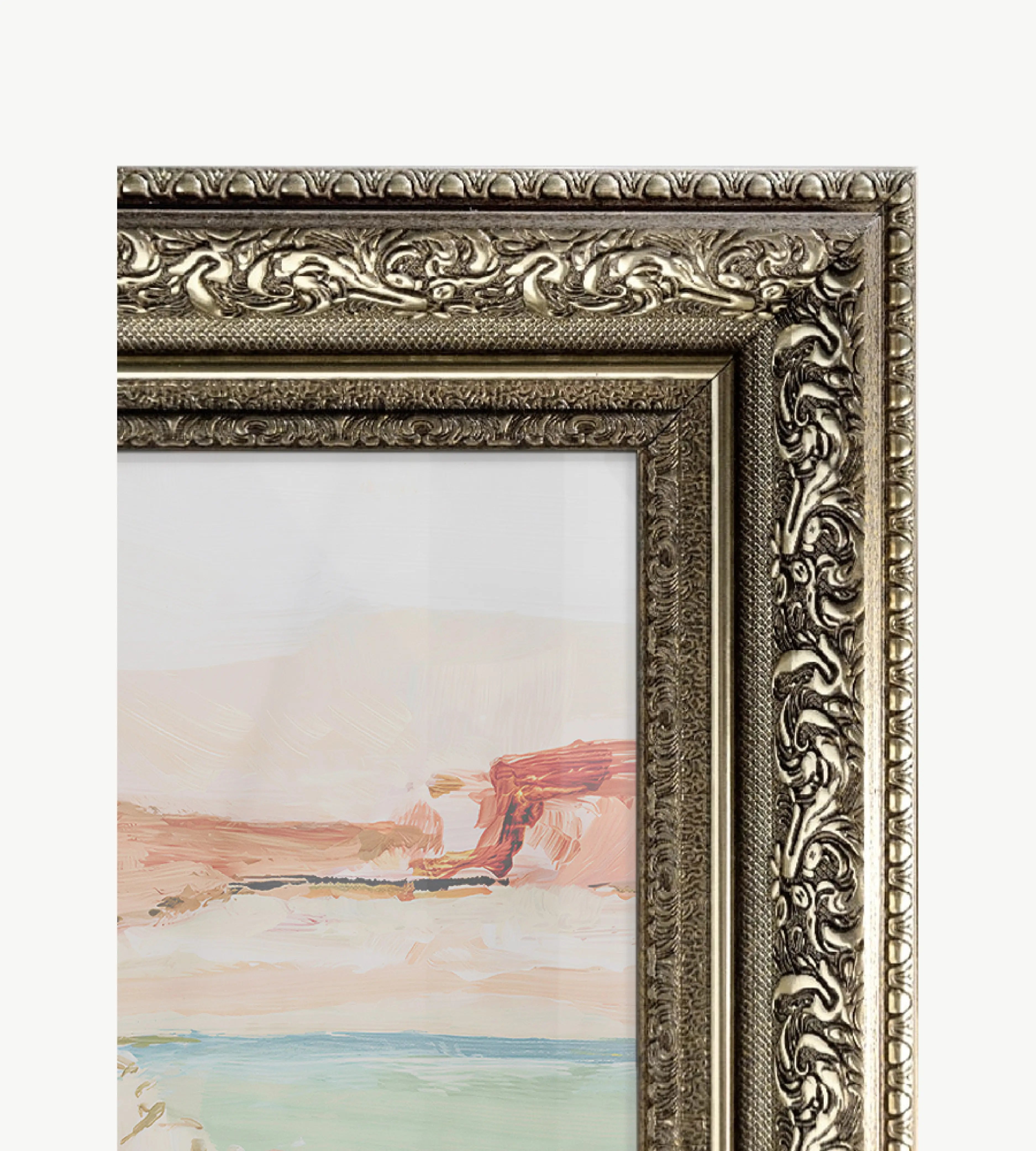 Ornate silver frame with detailed decorative carving and antique finish, classic heritage wall art frame