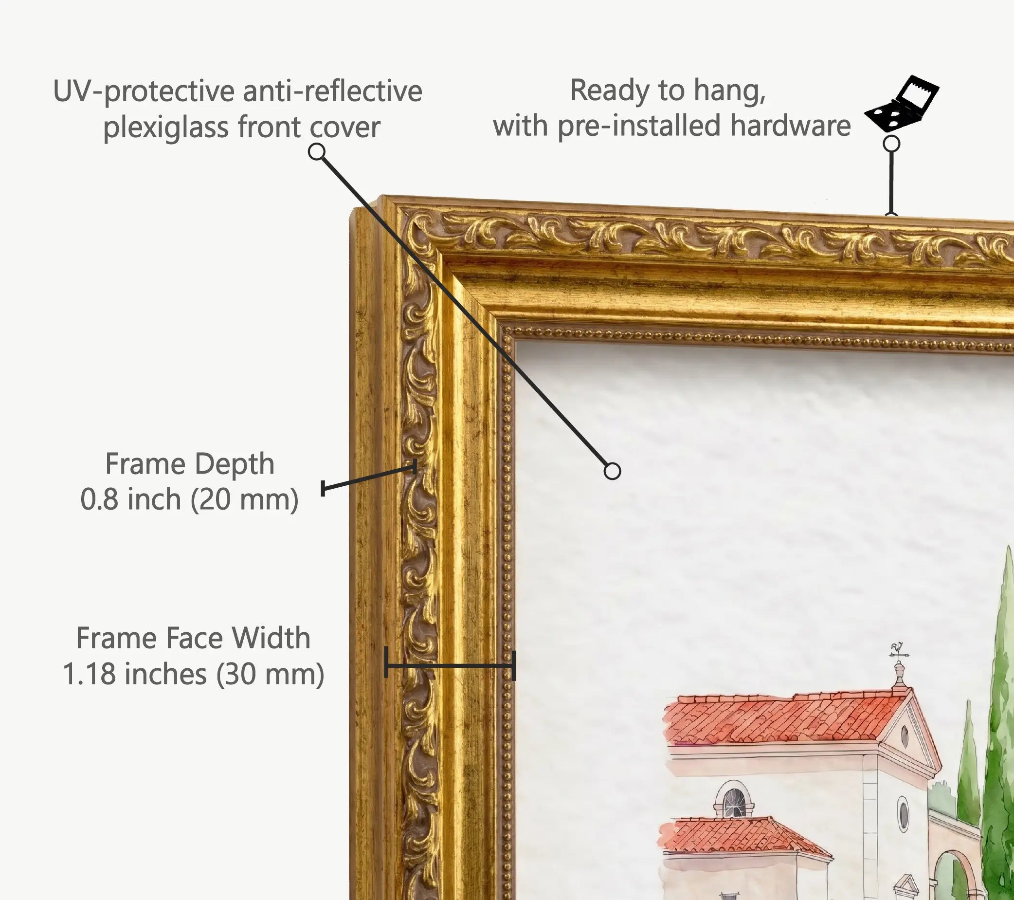 Detailed size guide for ornate solid wood frames collection showing width height depth and frame proportions