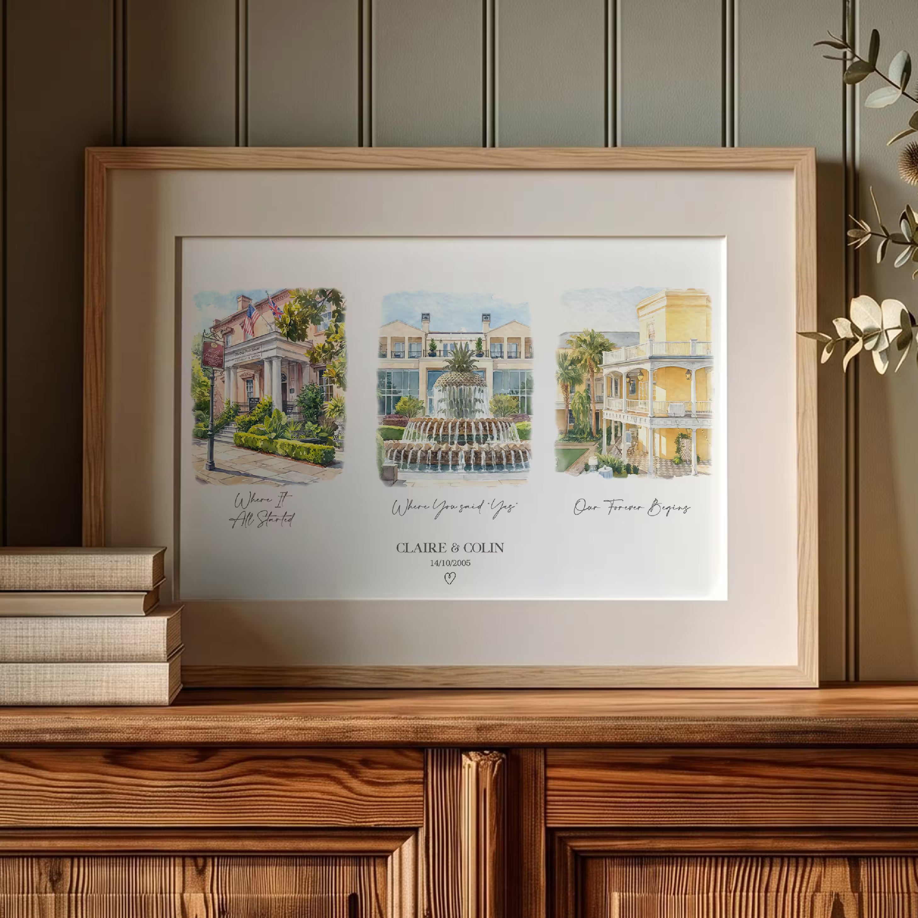 Personalized love story watercolor print in a gold frame, three watercolor scenes of the couple's meaningful places with the titles Where It All Started, Where You Said Yes, and Our Forever Begins, created from your photos with the names and date, an anniversary gift for couples