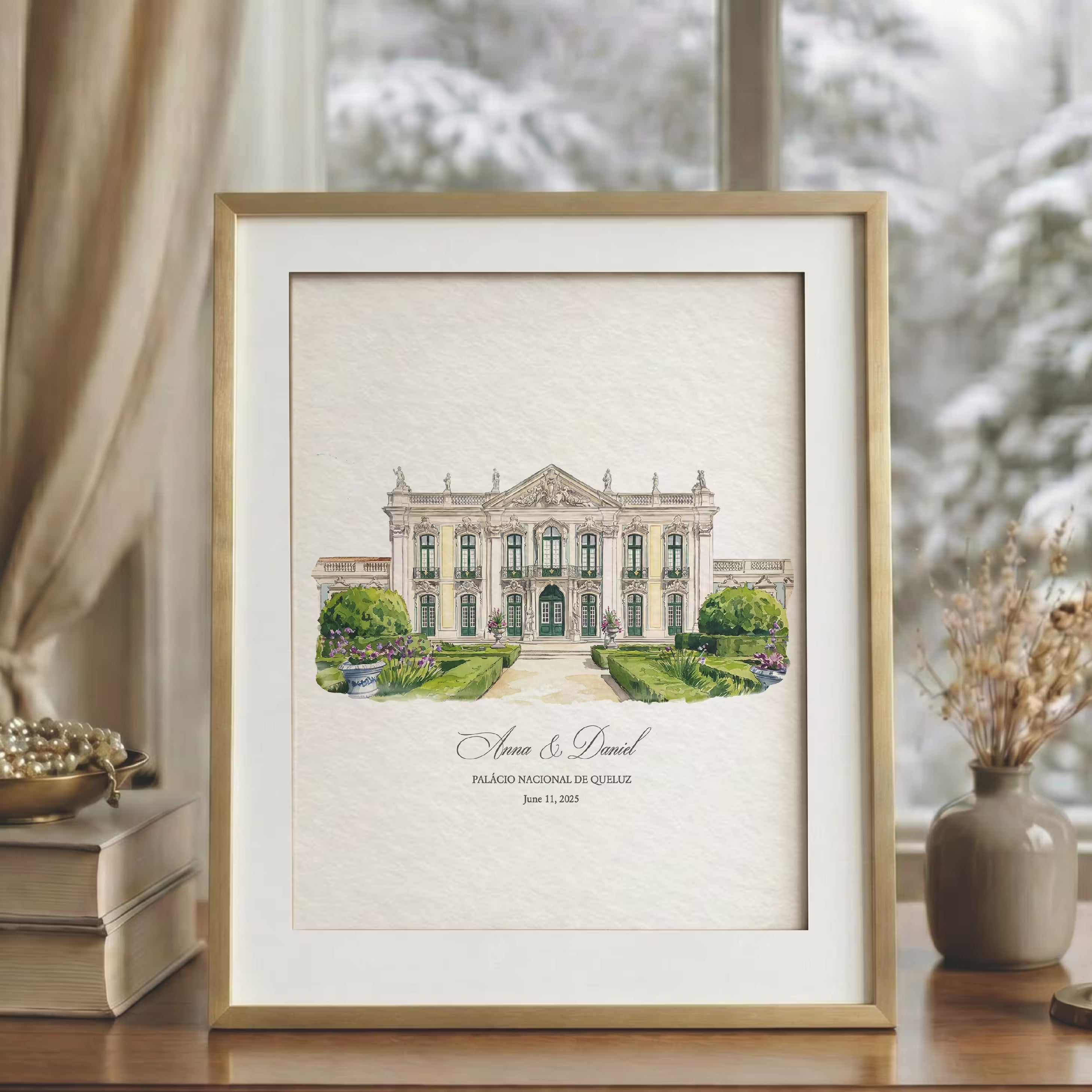 Minimalist watercolor portrait of Palácio Nacional de Queluz, an ornate cream palace with green shutters and topiary gardens, in a gold frame with a white mat. Created from your photo and personalized with the couple names and wedding date, a paper first anniversary gift.
