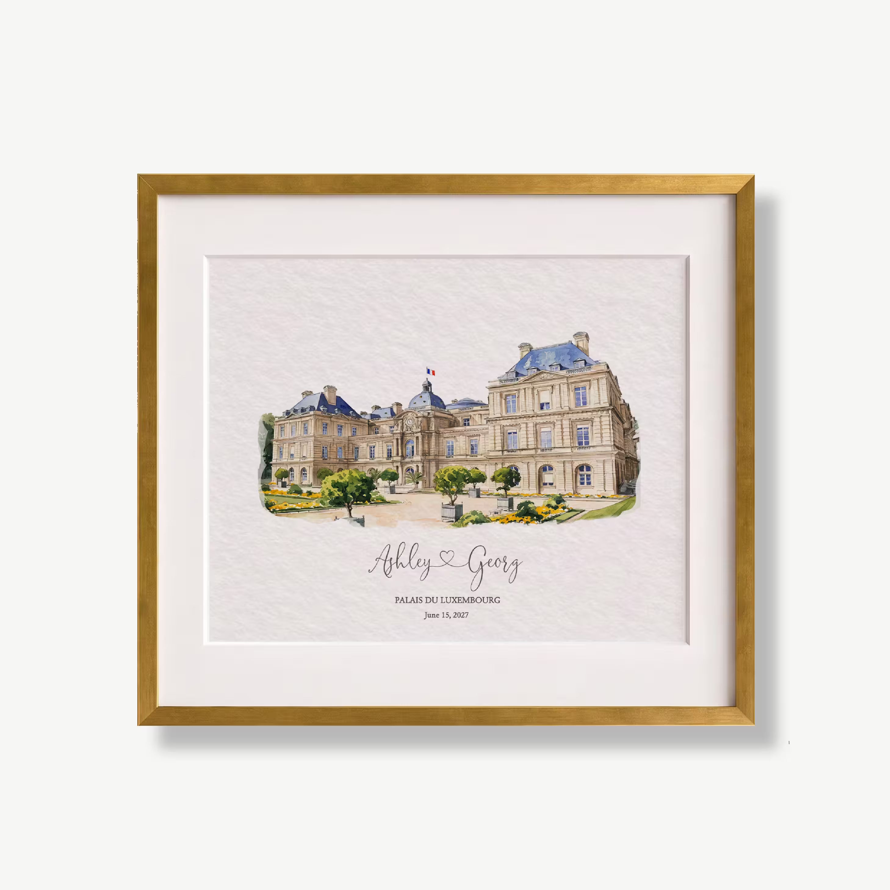 Minimalist watercolor portrait of Palais du Luxembourg, a Parisian palace with blue mansard roofs and the French flag, in a gold frame with a white mat. Created from your photo and personalized with the couple names and wedding date, a paper first anniversary gift.