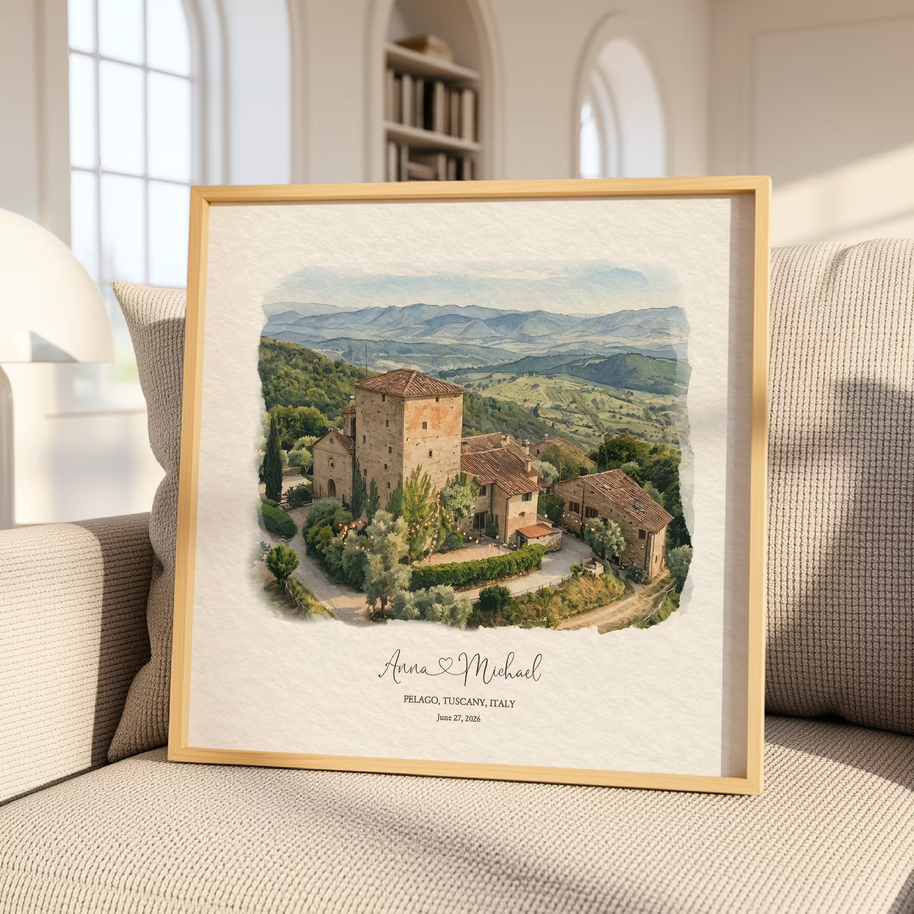 Custom watercolor portrait of a hilltop wedding venue in Pelago, Tuscany, Italy, a stone tower estate above the valley, personalized with the couple names and wedding date as a destination wedding gift