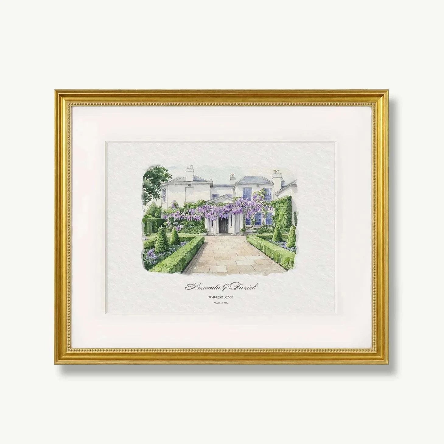 Elegant watercolor illustration of Pembroke Lodge in Richmond Park, London, showcasing the iconic Georgian wedding venue surrounded by beautiful gardens and seasonal greenery.