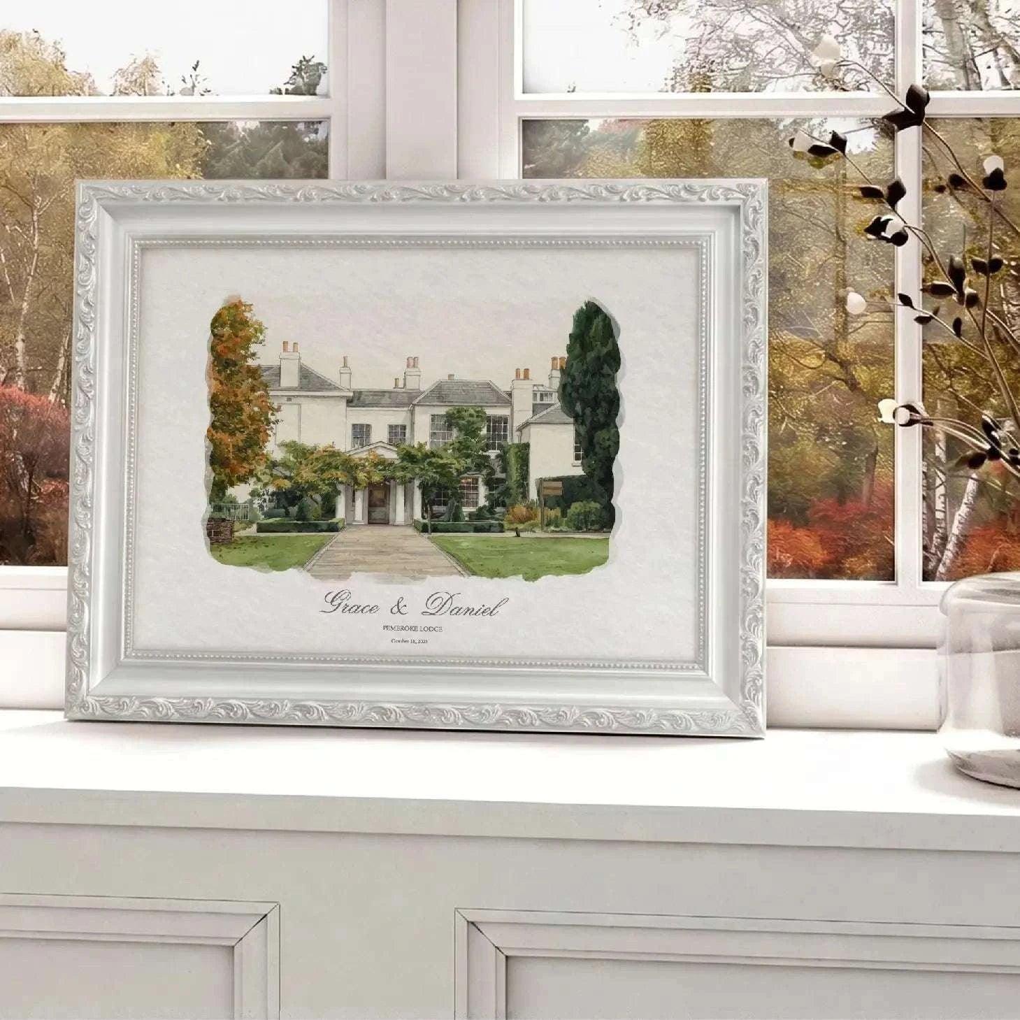 Framed watercolor artwork of Pembroke Lodge wedding venue in Richmond Park, London, personalized with couple names and wedding date.