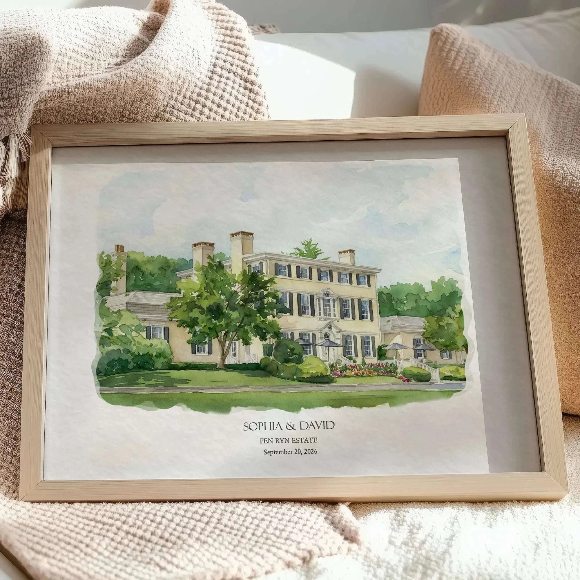 Framed watercolor painting of Pen Ryn Estate wedding venue with personalized couple names and wedding date, elegant neutral home decor artwork