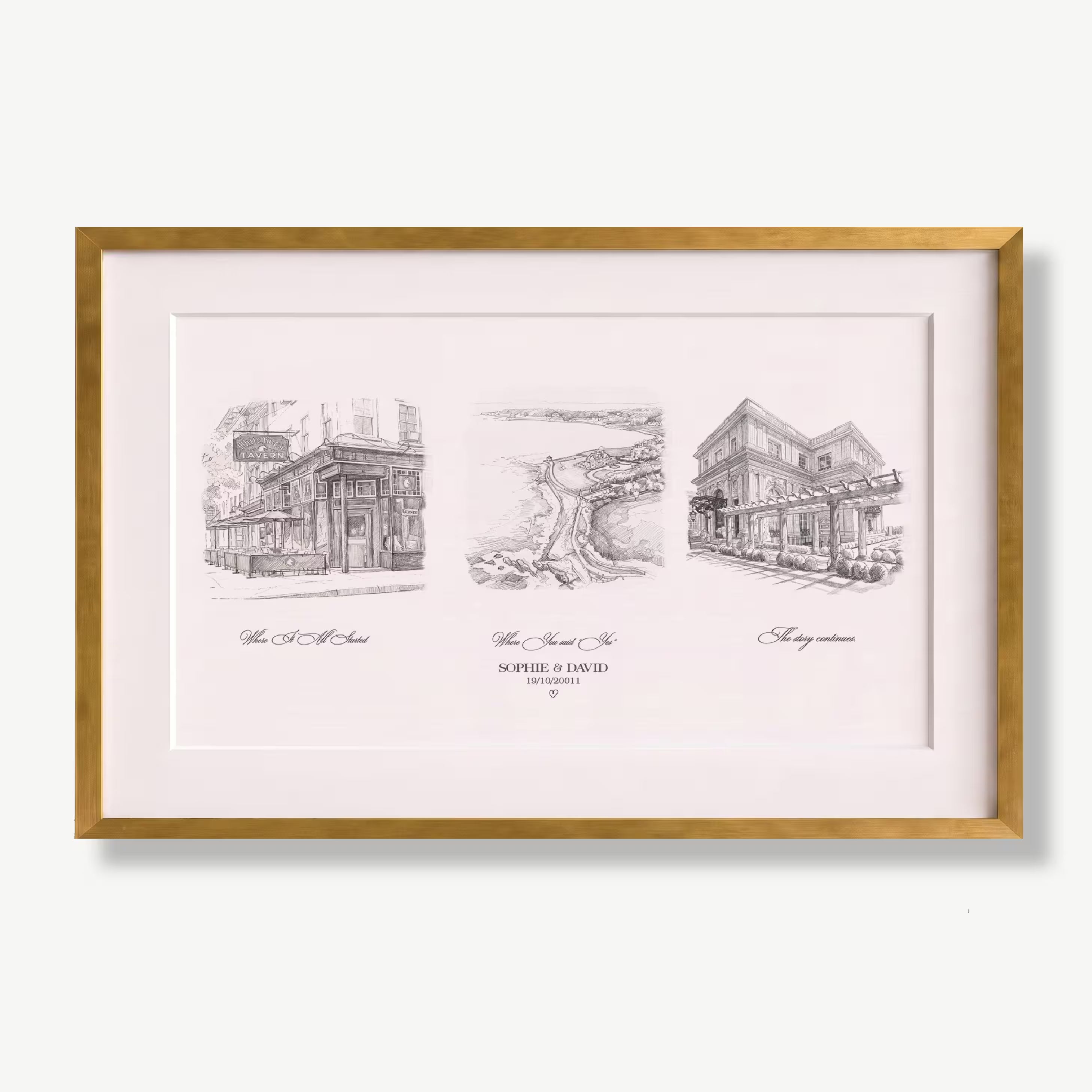 Personalized pencil sketch love story print in a gold frame, three graphite scenes of a historic tavern, a coastal cliff walk, and a wedding mansion, created from your photos with the couple names and date, a meaningful anniversary gift for couples