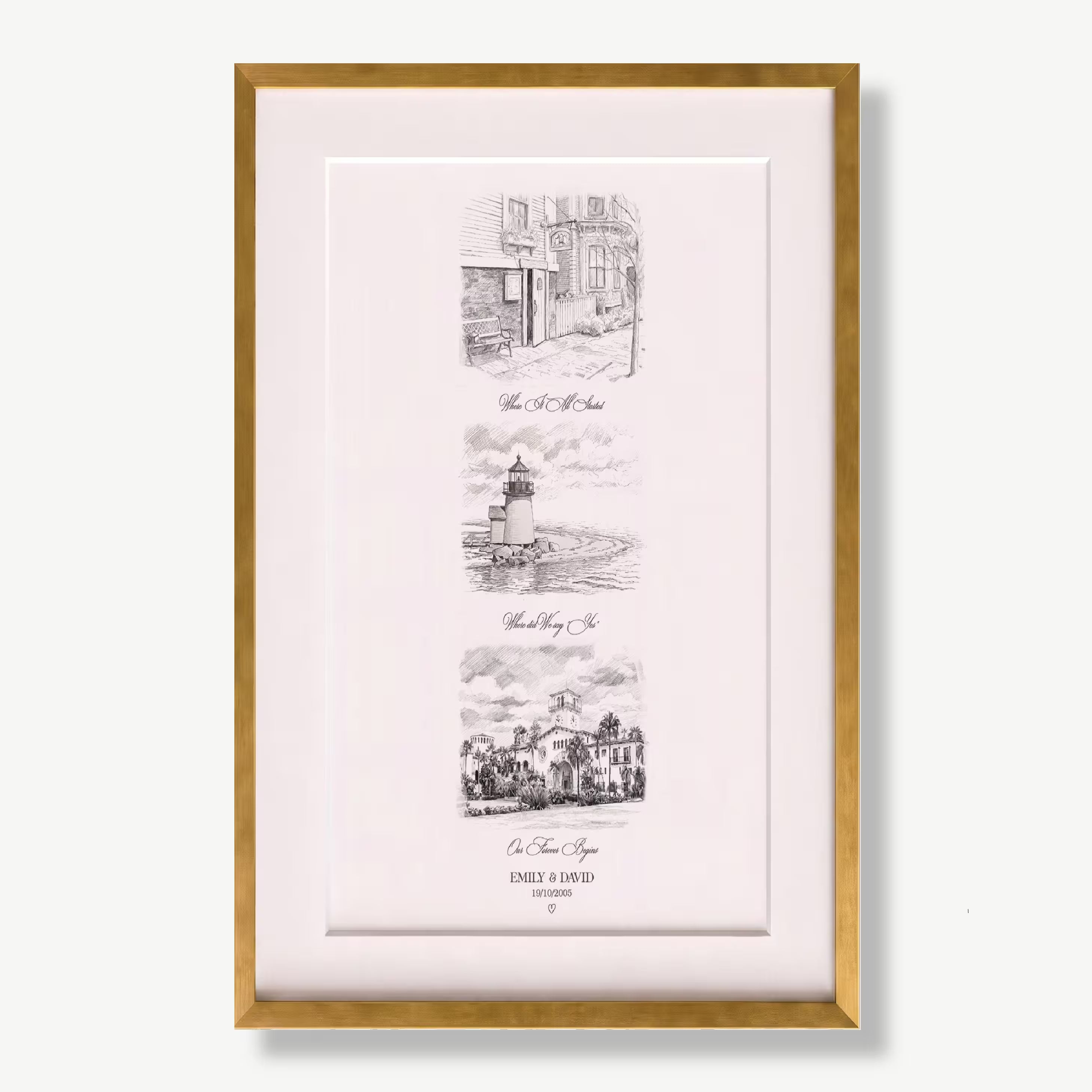 Personalized pencil sketch love story print in a tall gold frame, three stacked graphite scenes titled Where It All Started, Where Did We Say Yes, and Our Forever Begins, created from your photos with the couple names and date, an anniversary gift for couples