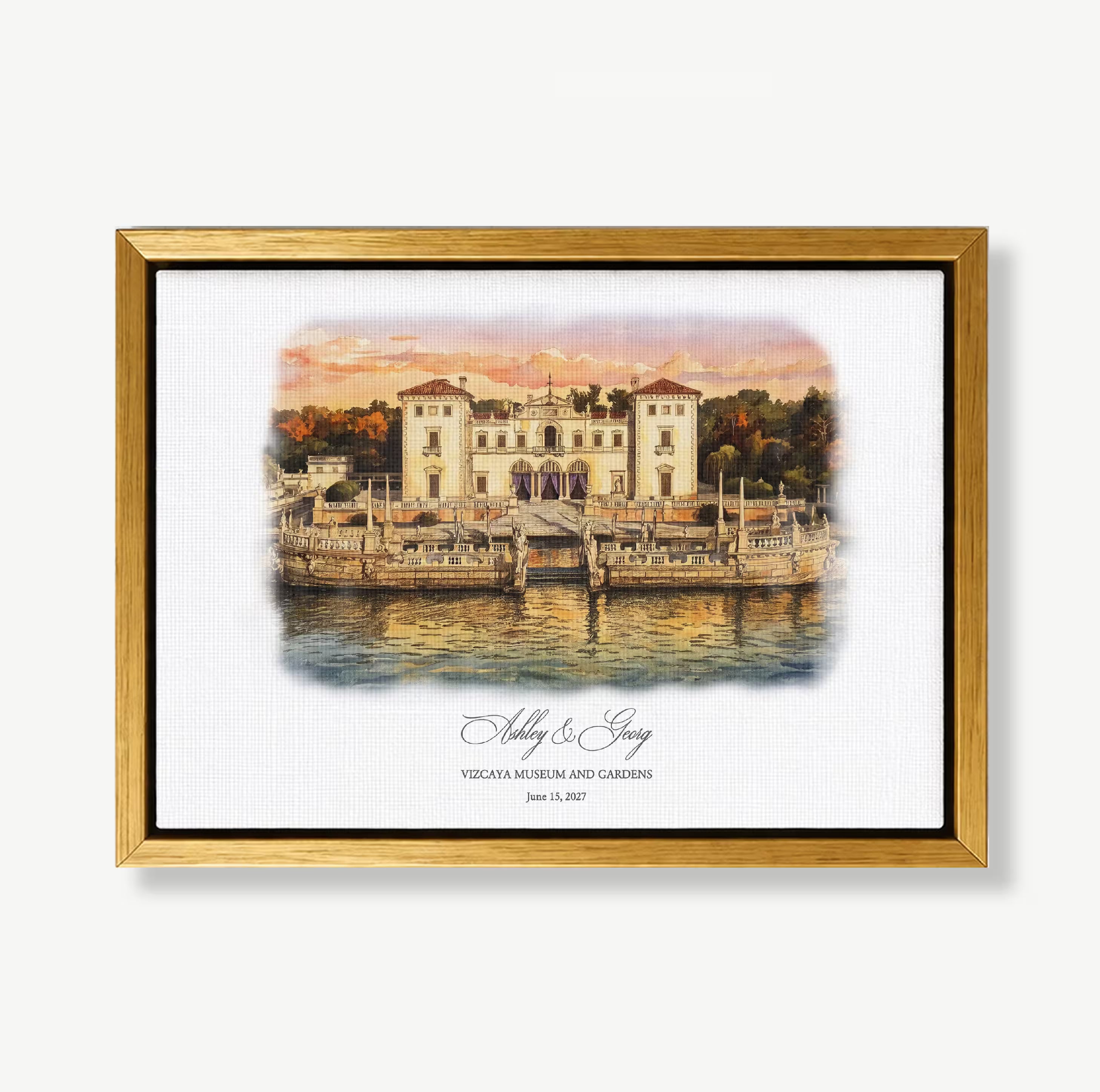 Personalized Vizcaya Museum and Gardens wedding venue watercolor on canvas in a gold floater frame