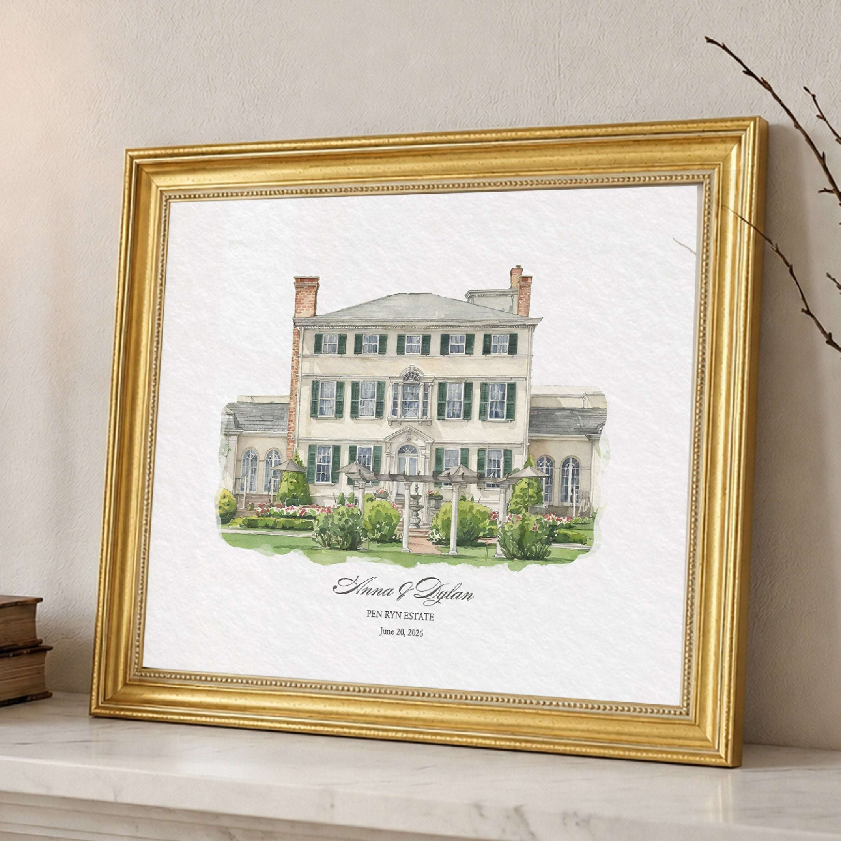 Elegant personalized estate wedding portrait of Pen Ryn Estate with fine architectural watercolor detailing and romantic garden setting.