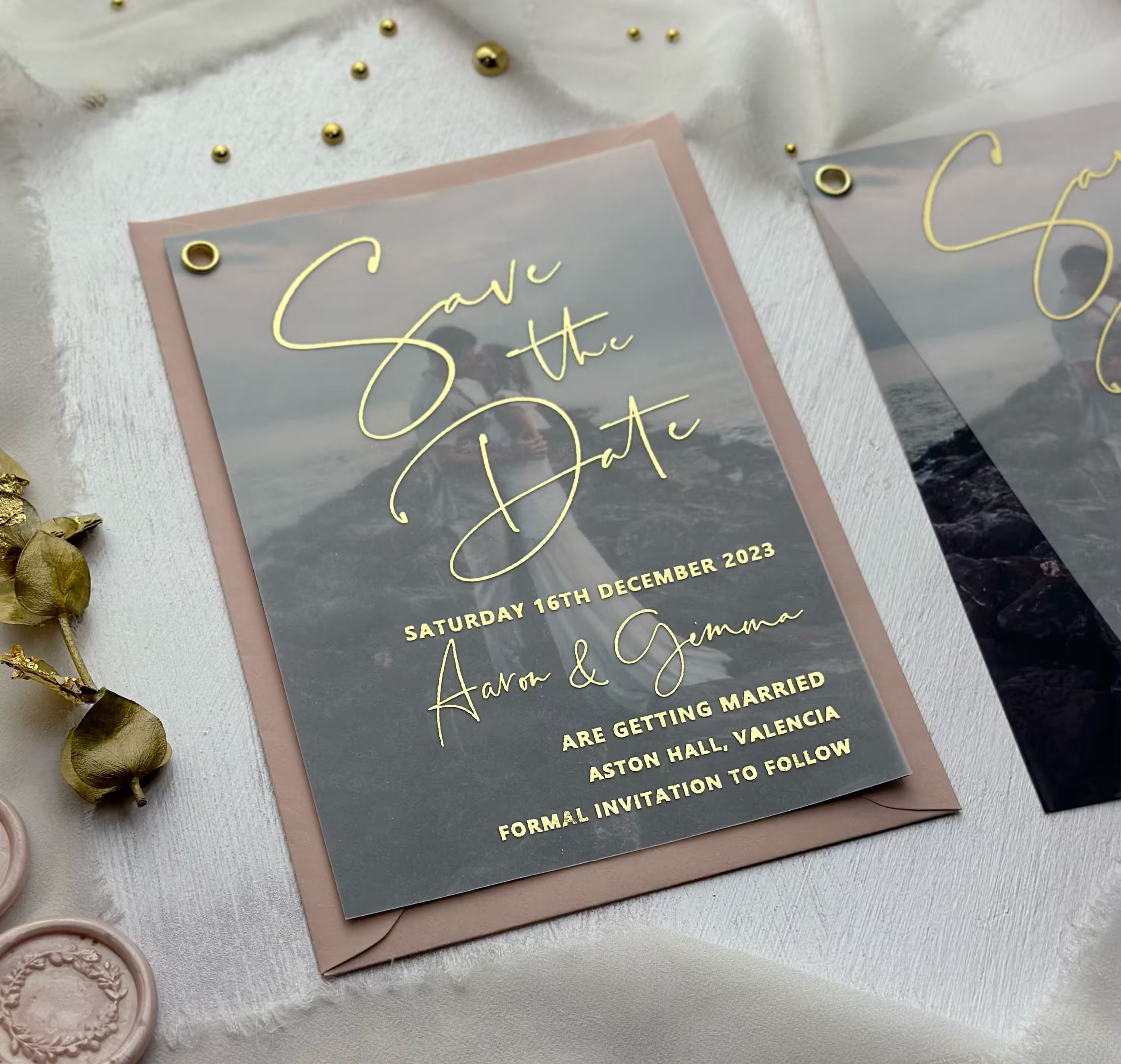 Personalized gold foil Save the Date with photograph, translucent vellum, and matching envelope