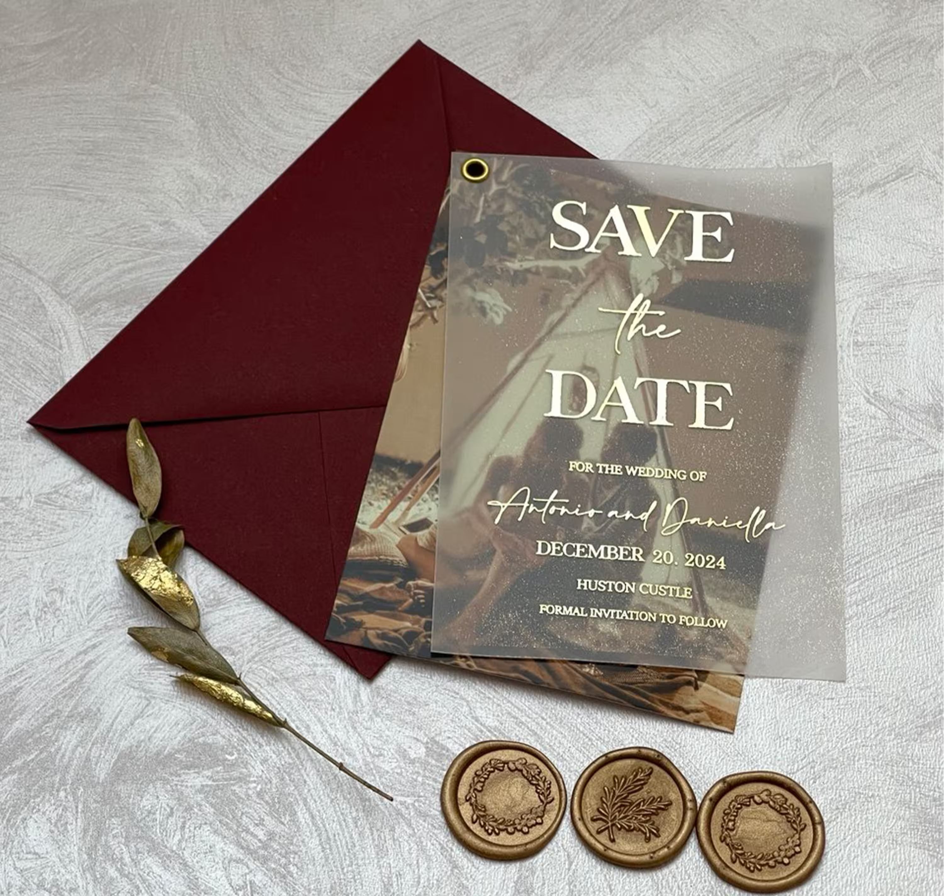Personalized photo Save the Date on translucent vellum with elegant foil lettering
