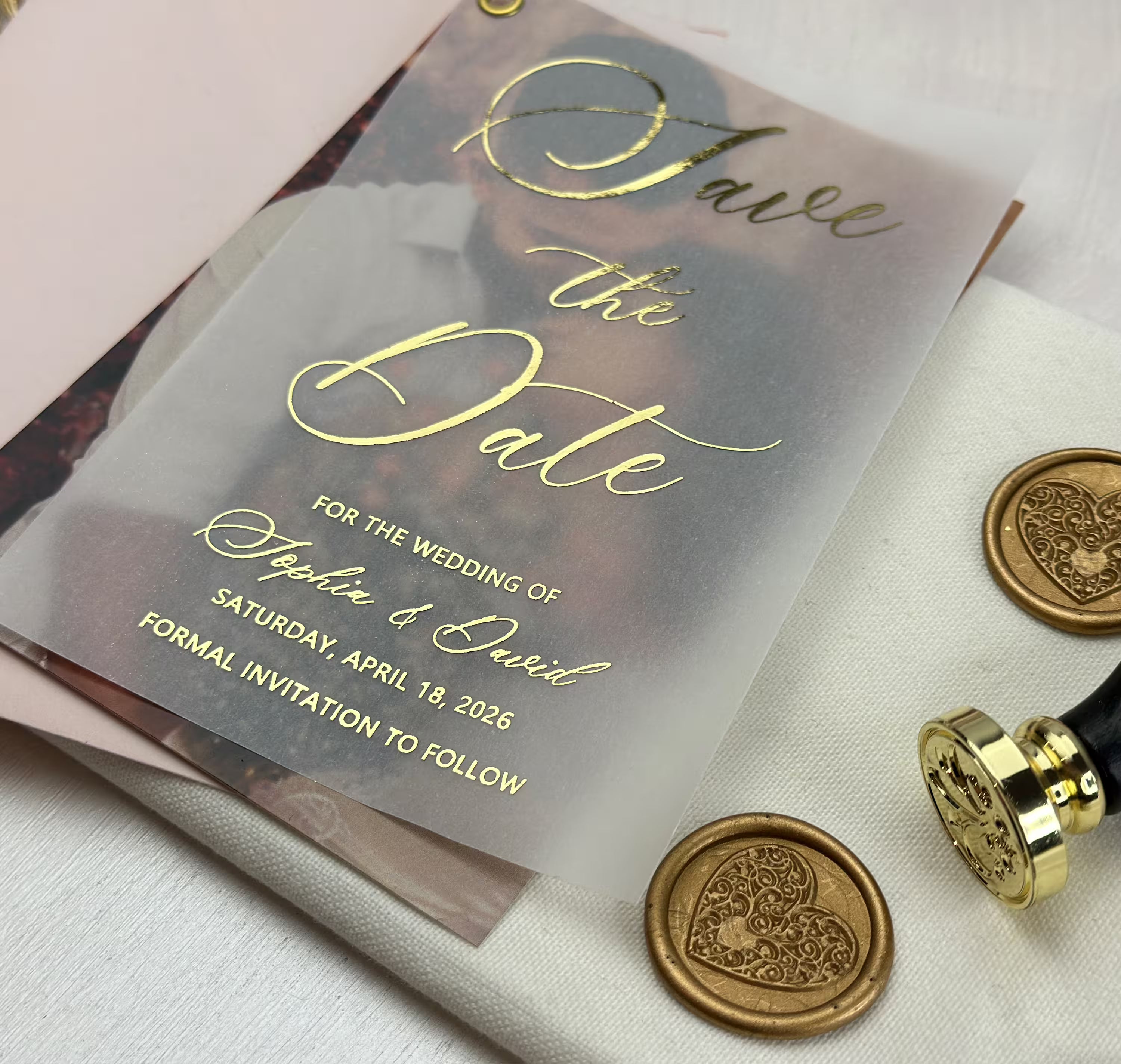 Personalized photo Save the Date layered with translucent vellum, foil lettering, and matching envelope