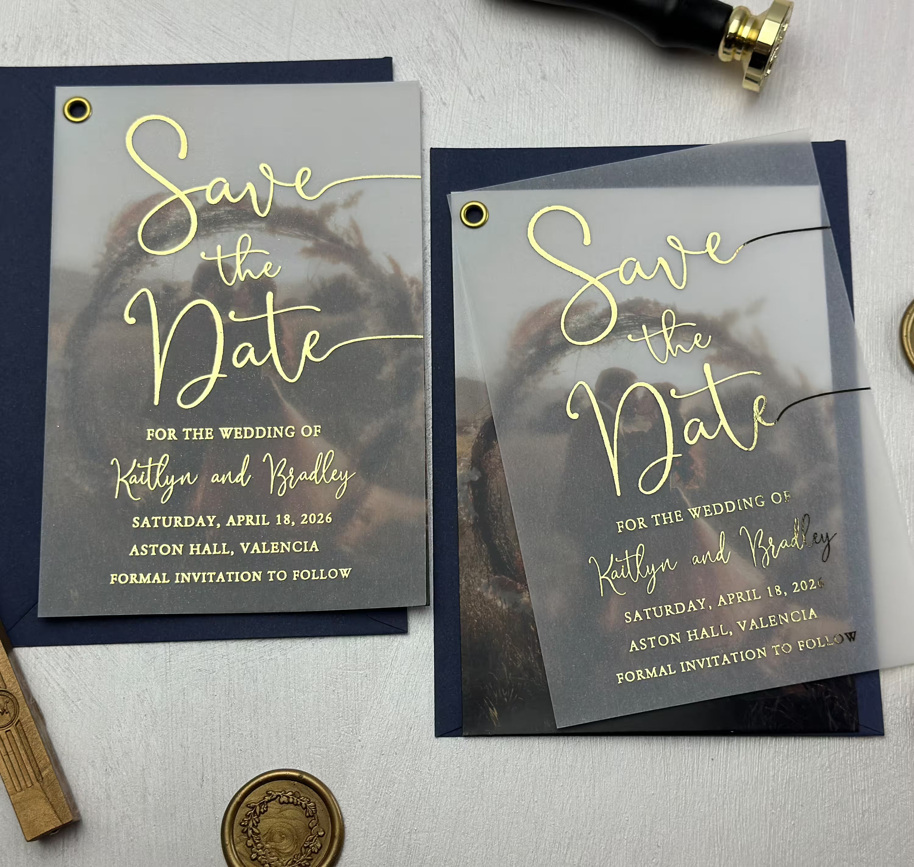 Personalized photo Save the Date layered with vellum, foil lettering, and custom wedding details