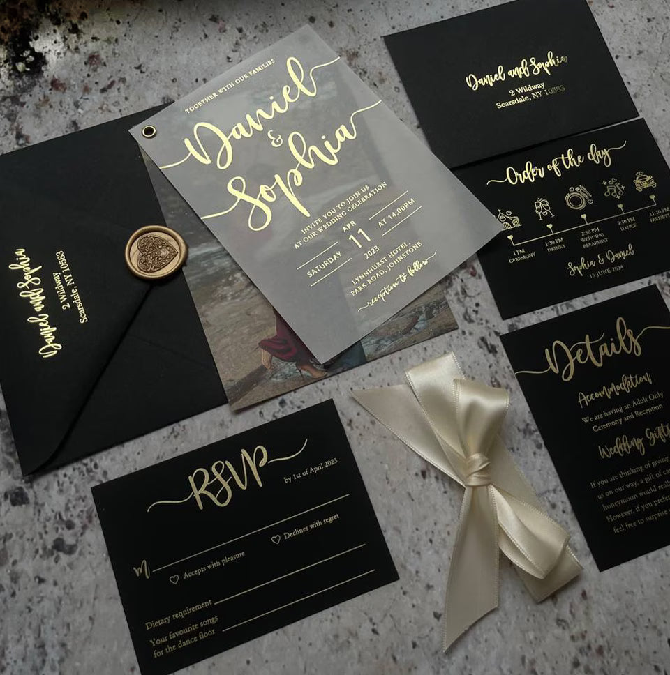 Personalized picture wedding invitation set with matching RSVP card, details card and coordinating envelope