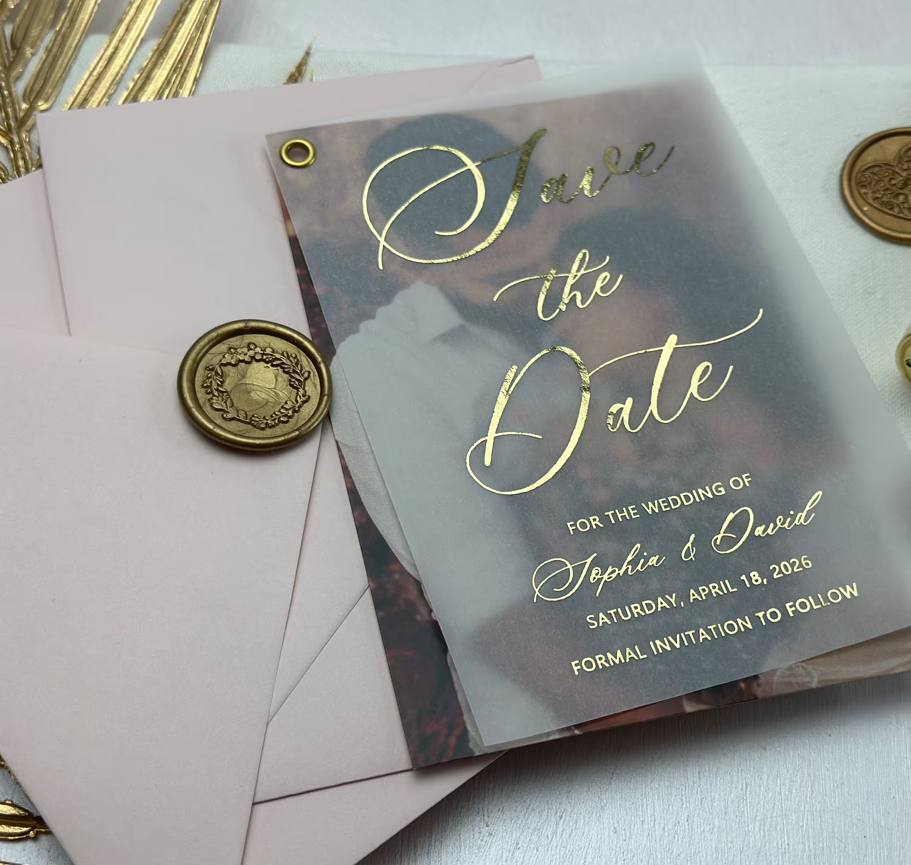 Personalized vellum photo Save the Date with foil lettering and custom wedding details