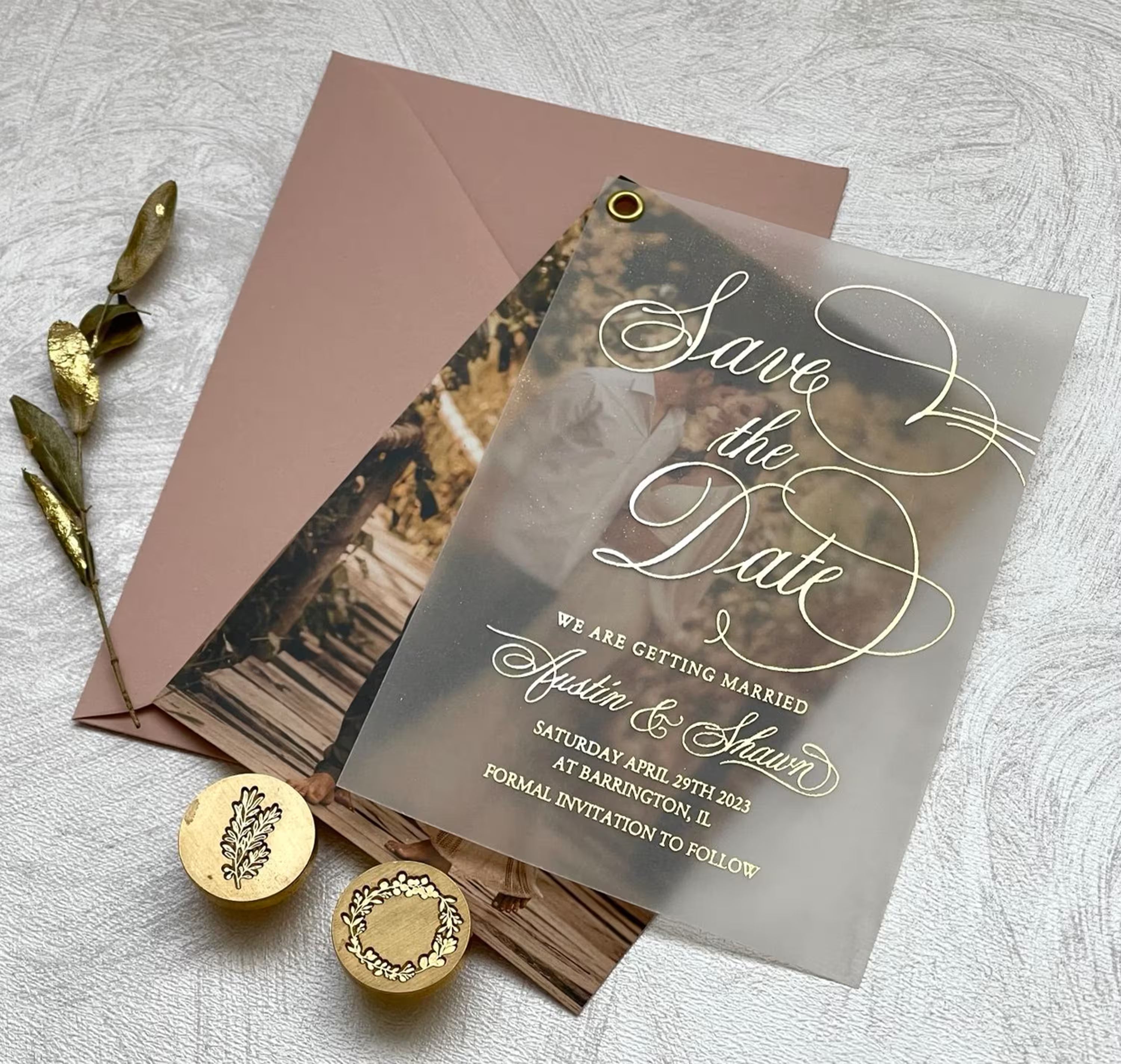 Personalized vellum save the date with photo, foil calligraphy, custom names, and matching envelope