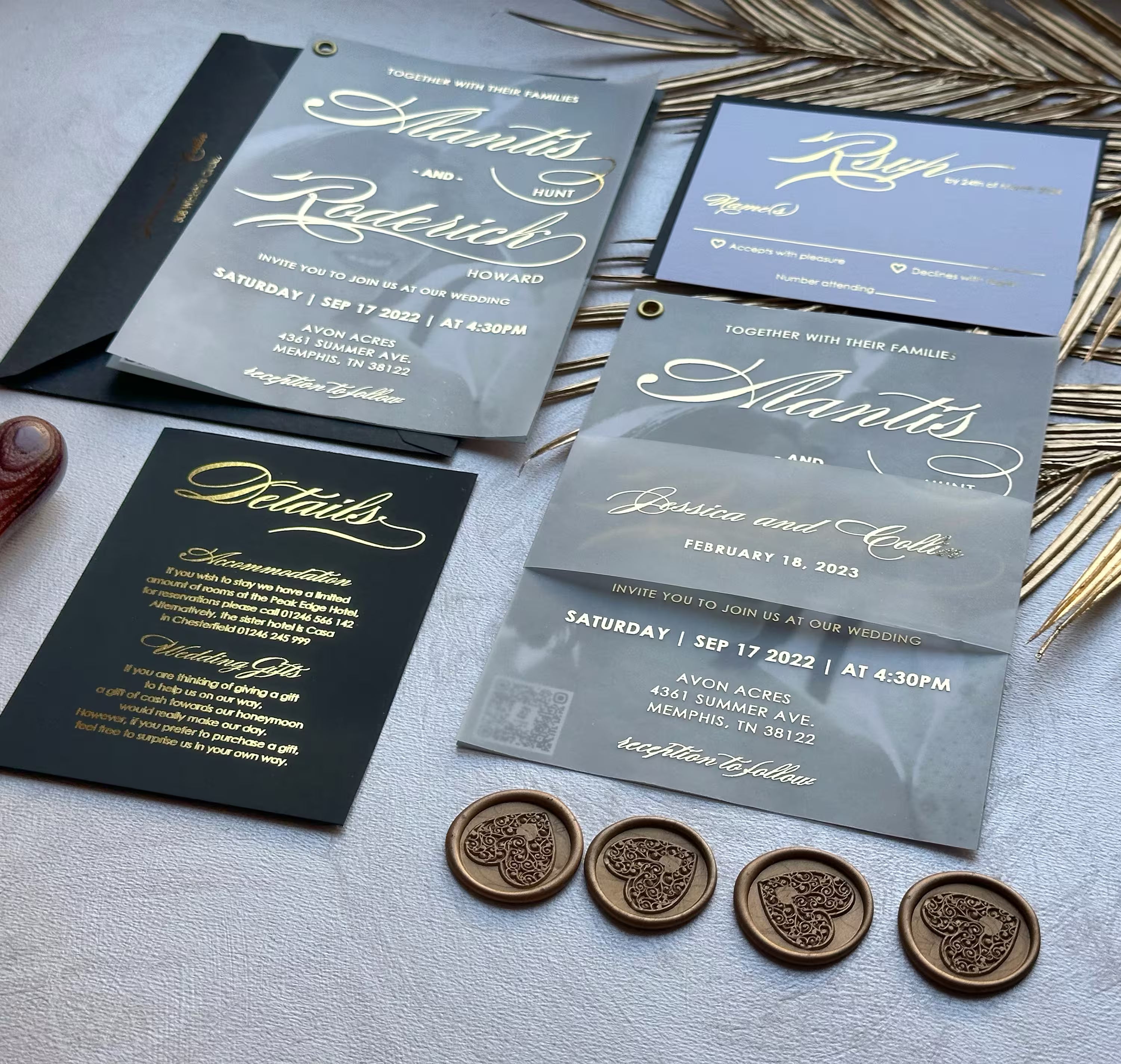 Personalized vellum wedding invitation with photo, elegant calligraphy and customizable foil details