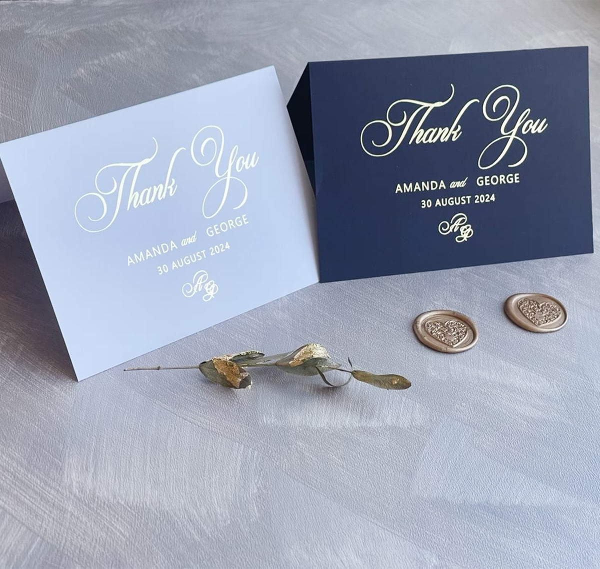 Personalized wedding thank you card with names and wedding date