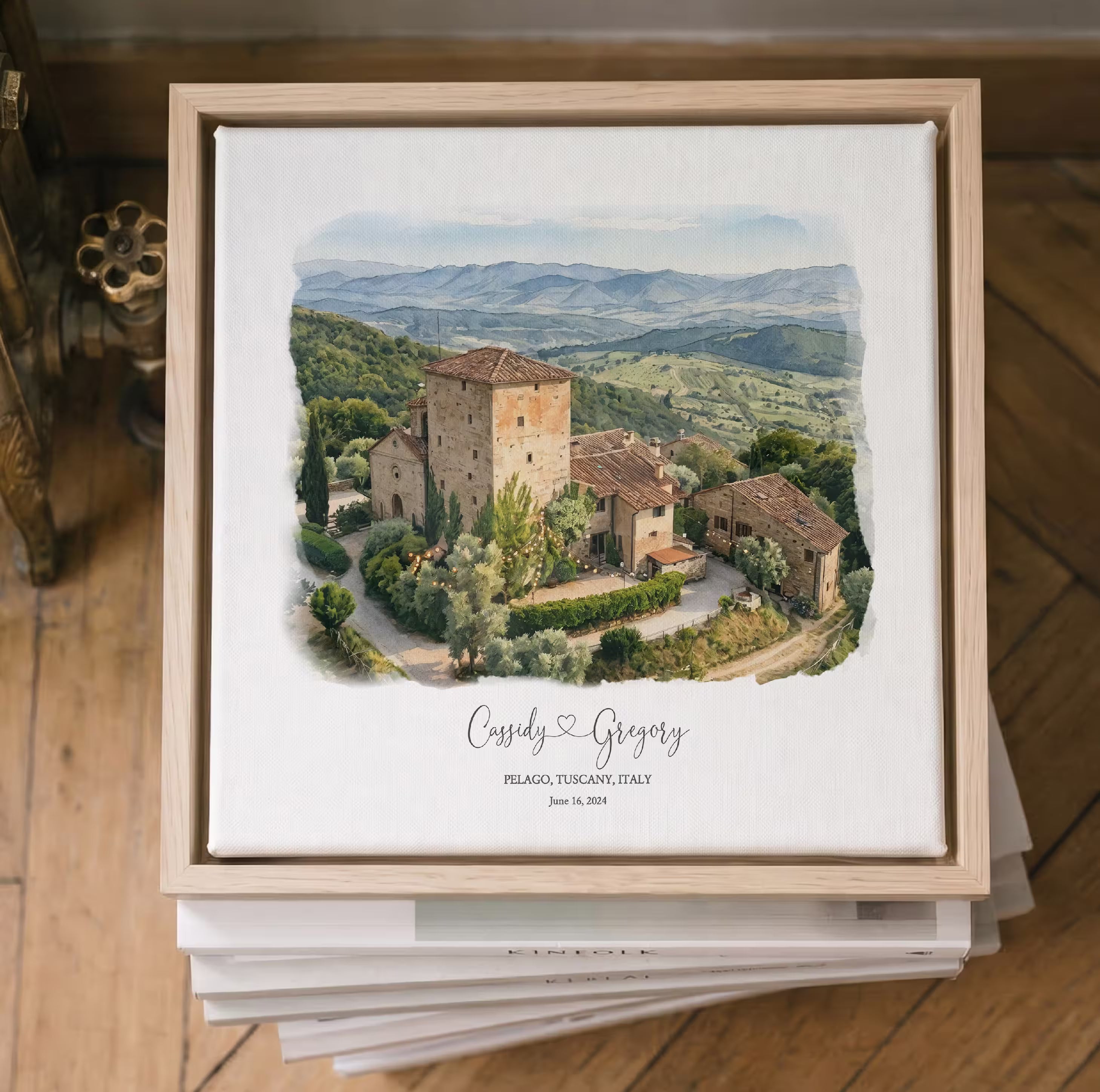 Personalized Tuscany wedding venue near Pelago, Italy in watercolor on canvas, created from your photo