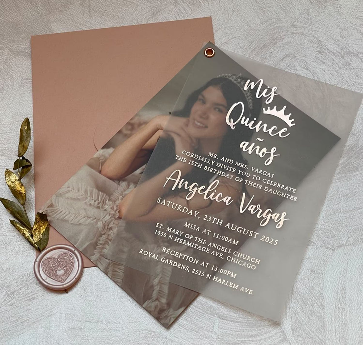 Photo birthday invitations for a quinceañera, a vellum sheet laid over a portrait so the photograph glows softly through.
