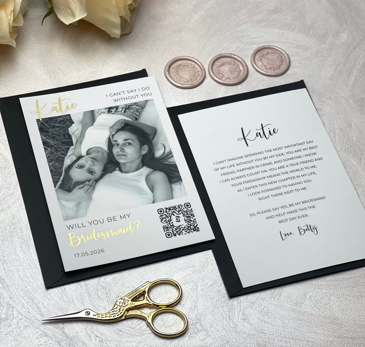 Photo proposal card set with a personalized photo card and matching message insert on black backing