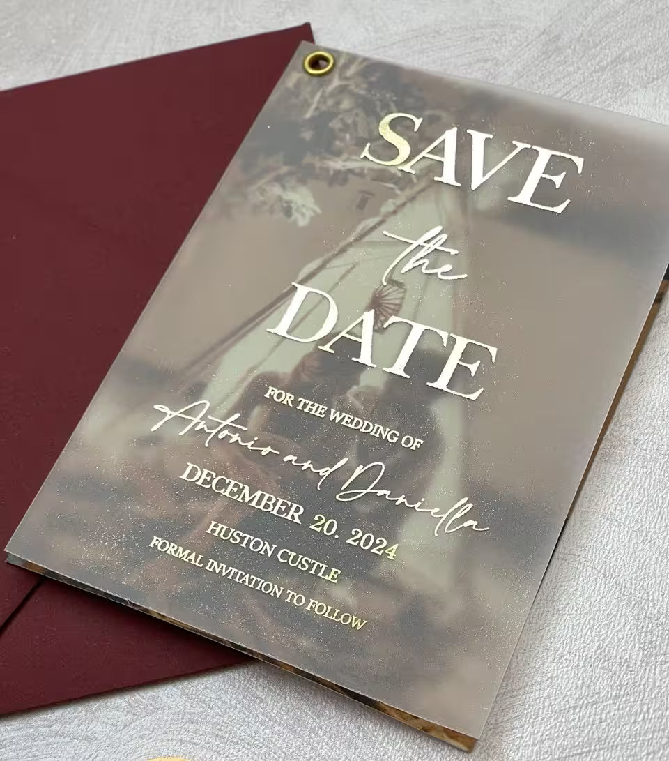 Photo Save the Date featuring a favorite photograph beneath translucent vellum and foil calligraphy